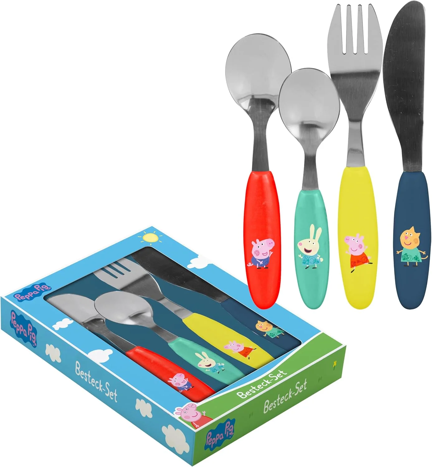 ست کارد و چنگال 4 تکه کودکانه پپا پیگ p:os 36180، استیل ضد زنگ با دسته های پلاستیکی شامل چاقو، چنگال، قاشق سوپ و قاشق دسر