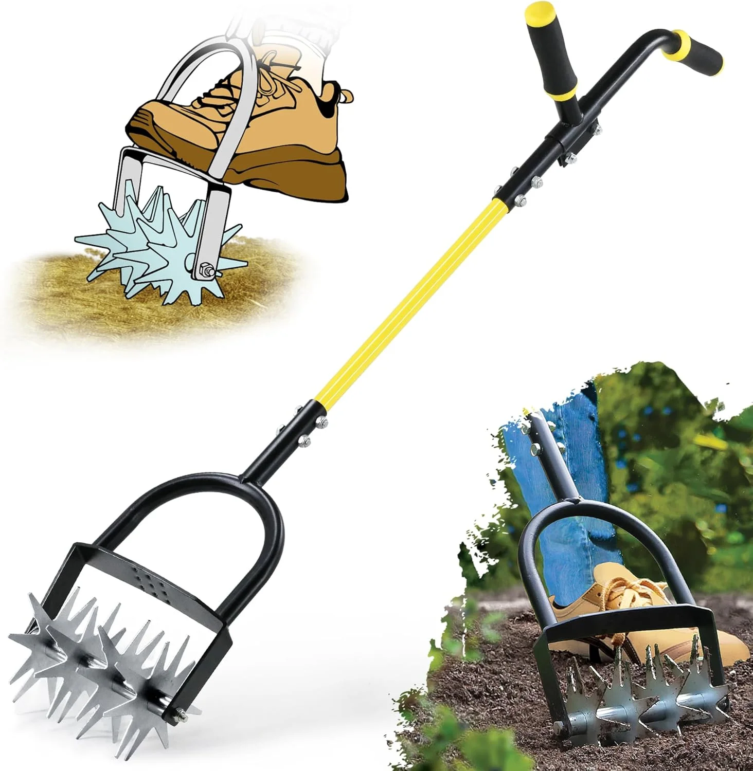 تیلر چرخشی باغبانی Jardineer، تیلر باغبانی دسته بلند برای مخلوط کردن خاک، کاشت مجدد، هوادهی چمن، تیلر دستی با دسته کمکی مناسب برای زنان و سالمندان