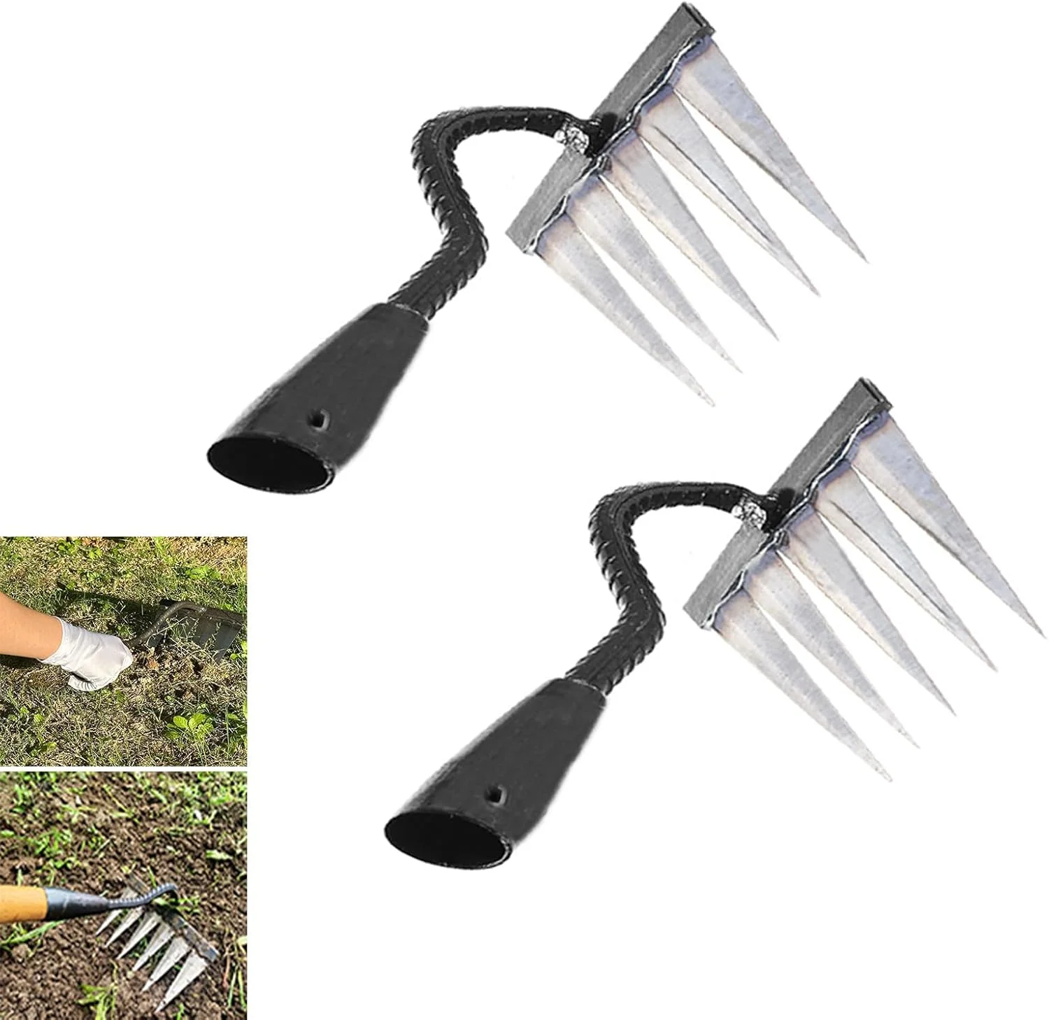 شن کش آهنی 2 عددی برای وجین، ابزار باغبانی فلزی سنگین با 5 دندانه، ابزار تیز وجین علف های هرز، وجین کننده دستی برای کاشت مزرعه در حیاط خلوت