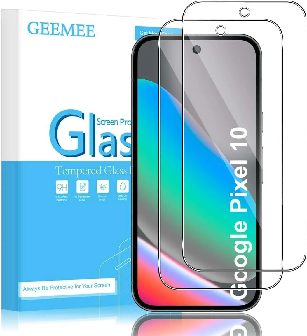 محافظ صفحه نمایش GEEMEE برای گوگل پیکسل 10/پیکسل 10 پرو، فیلم محافظ شیشه ای سخت با سختی 9H، محافظ صفحه نمایش شیشه ای ضد خش شفاف HD بدون حباب، بسته 2 عددی مشکی