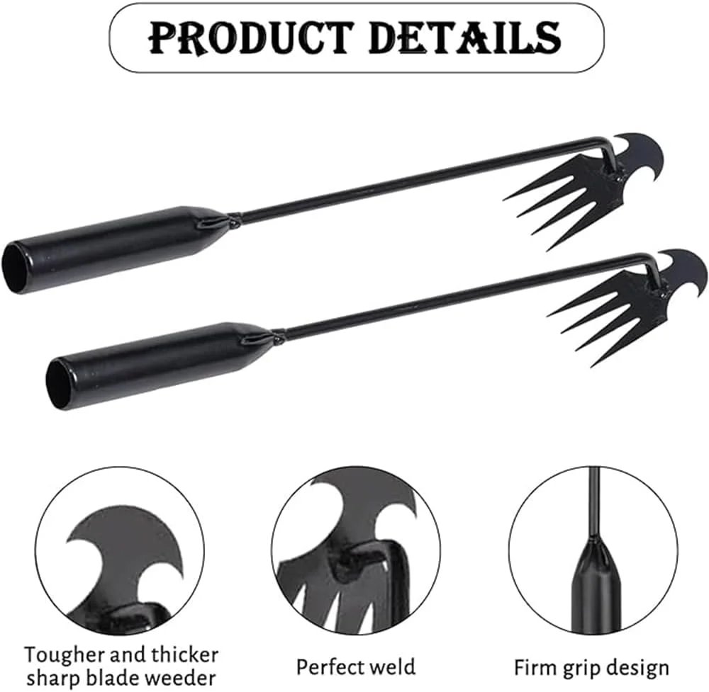 ابزار علف‌کش با دسته مشکی، ابزار علف‌کشی قابل حمل، ابزار ریشه‌کن‌کننده علف هرز، علف‌کن دستی 4 دندانه فولاد منگنز آهنگری شده، برای سبزیجات، باغ، مزرعه، کاشت و وجین کردن (2 عدد)