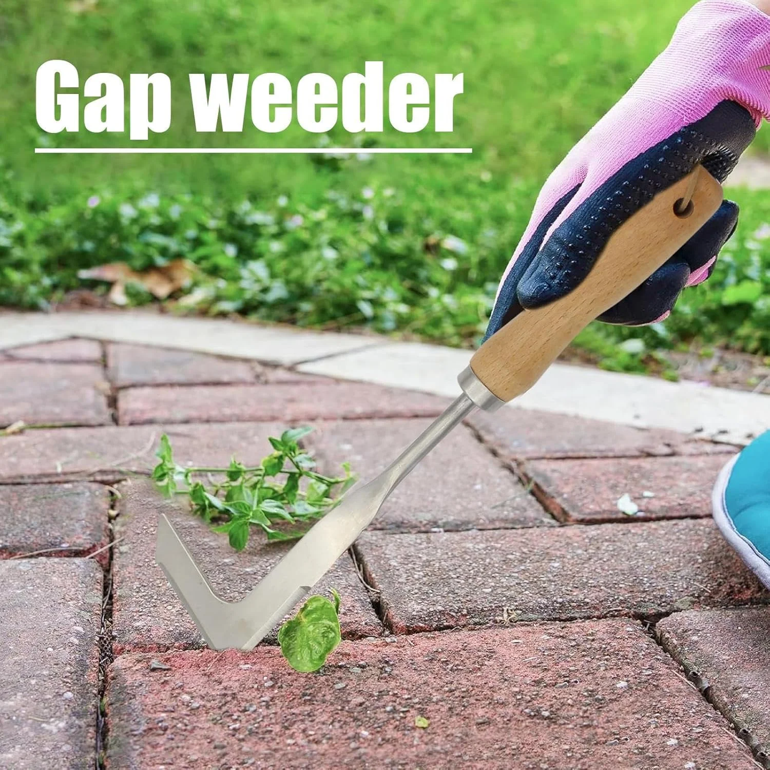 ابزار علف‌هرزه‌کن فولادی ضد زنگ، علف‌هرزه‌کن مسیر L شکل با دسته چوبی راش، بادوام و ارگونومیک، برای پاکسازی خزه در حیاط، شکاف‌های باغ، درزهای سنگفرش تراس
