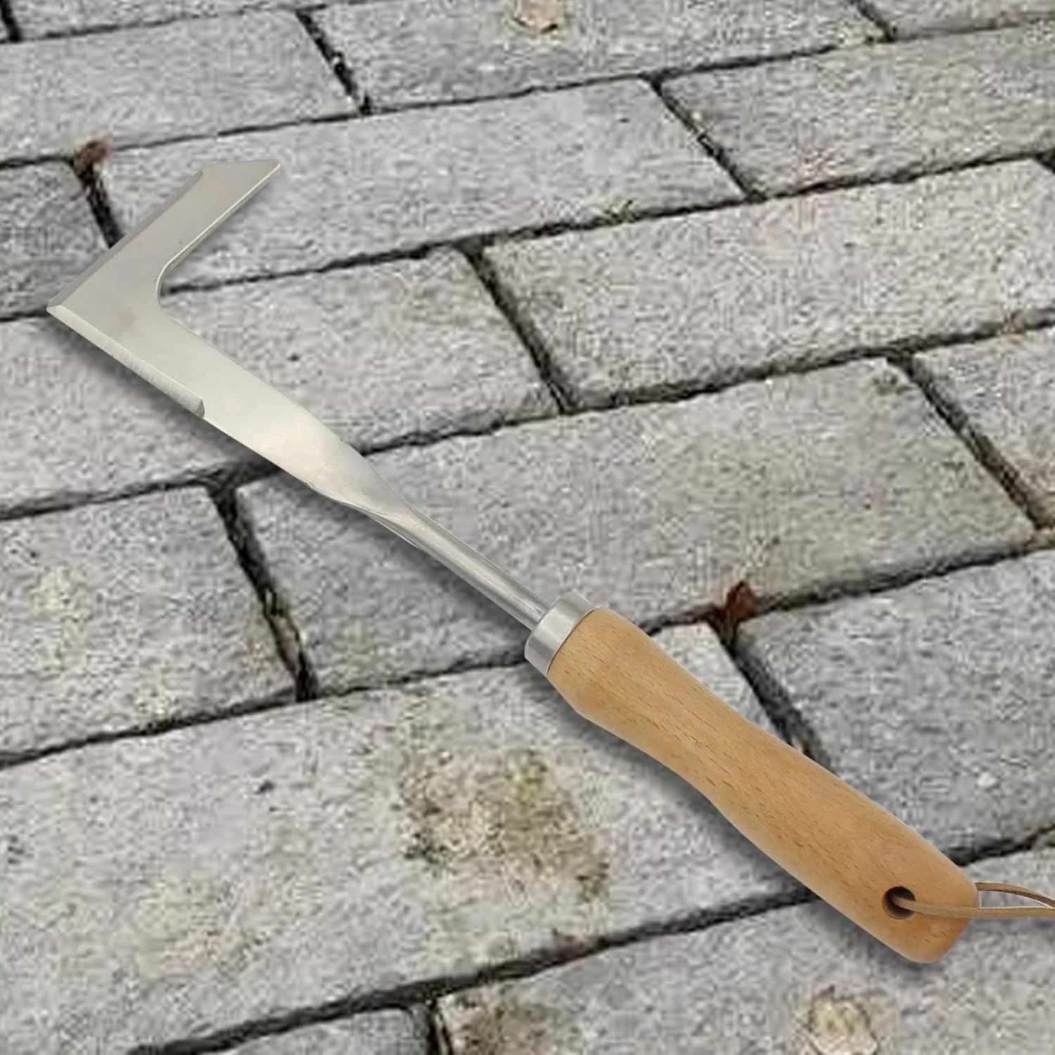 ابزار علف‌هرزه‌کن فولادی ضد زنگ، علف‌هرزه‌کن مسیر L شکل با دسته چوبی راش، بادوام و ارگونومیک، برای پاکسازی خزه در حیاط، شکاف‌های باغ، درزهای سنگفرش تراس