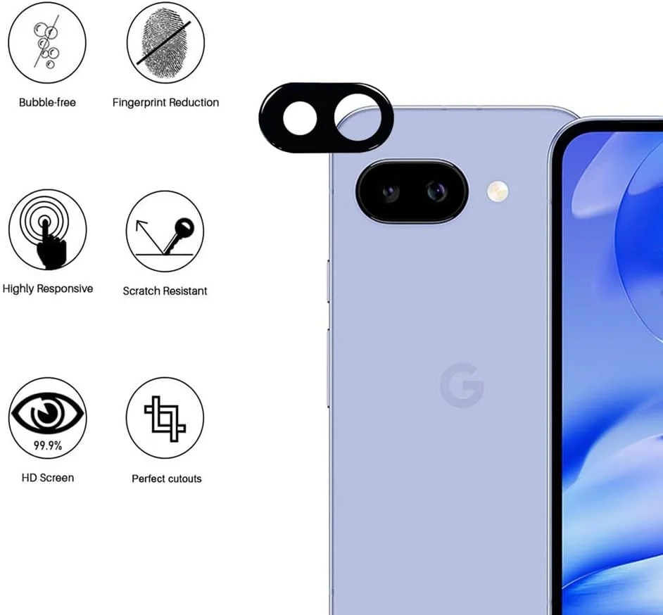 محافظ لنز دوربین شیشه ای سازگار با گوگل پیکسل 9a، [2 عدد]، [ضد خش] [بدون حباب] - مشکی