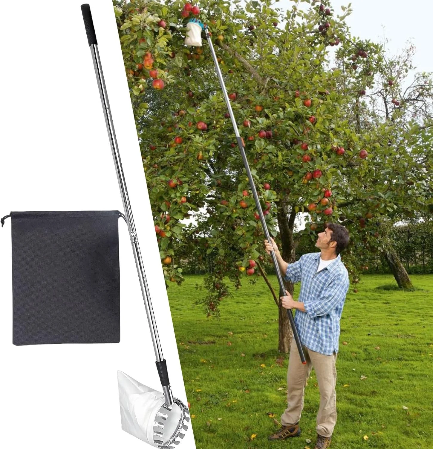 میوه چین تلسکوپی | ابزار میوه چین با دسته تلسکوپی | ابزار چیدن قابل تنظیم و ضد زنگ برای برداشت محصول در باغ کشاورزی، فضای باز و خانه