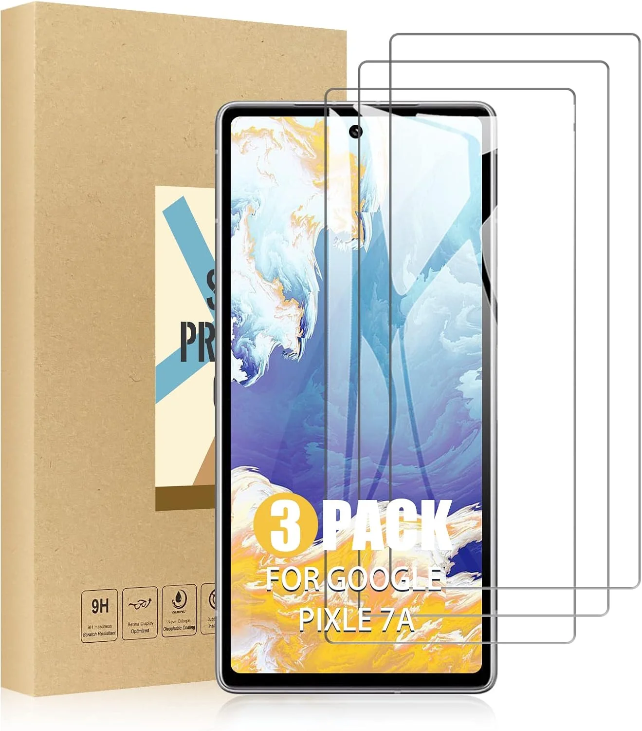 محافظ صفحه نمایش SCL سازگار با محافظ صفحه نمایش Google Pixel 7A، فیلم شیشه ای حرارت دیده Google 7A [بسته 3 عددی]، لبه گرد 2.5 بعدی، ضد خش، اثر انگشت کمتر، سازگار با قاب، 9H