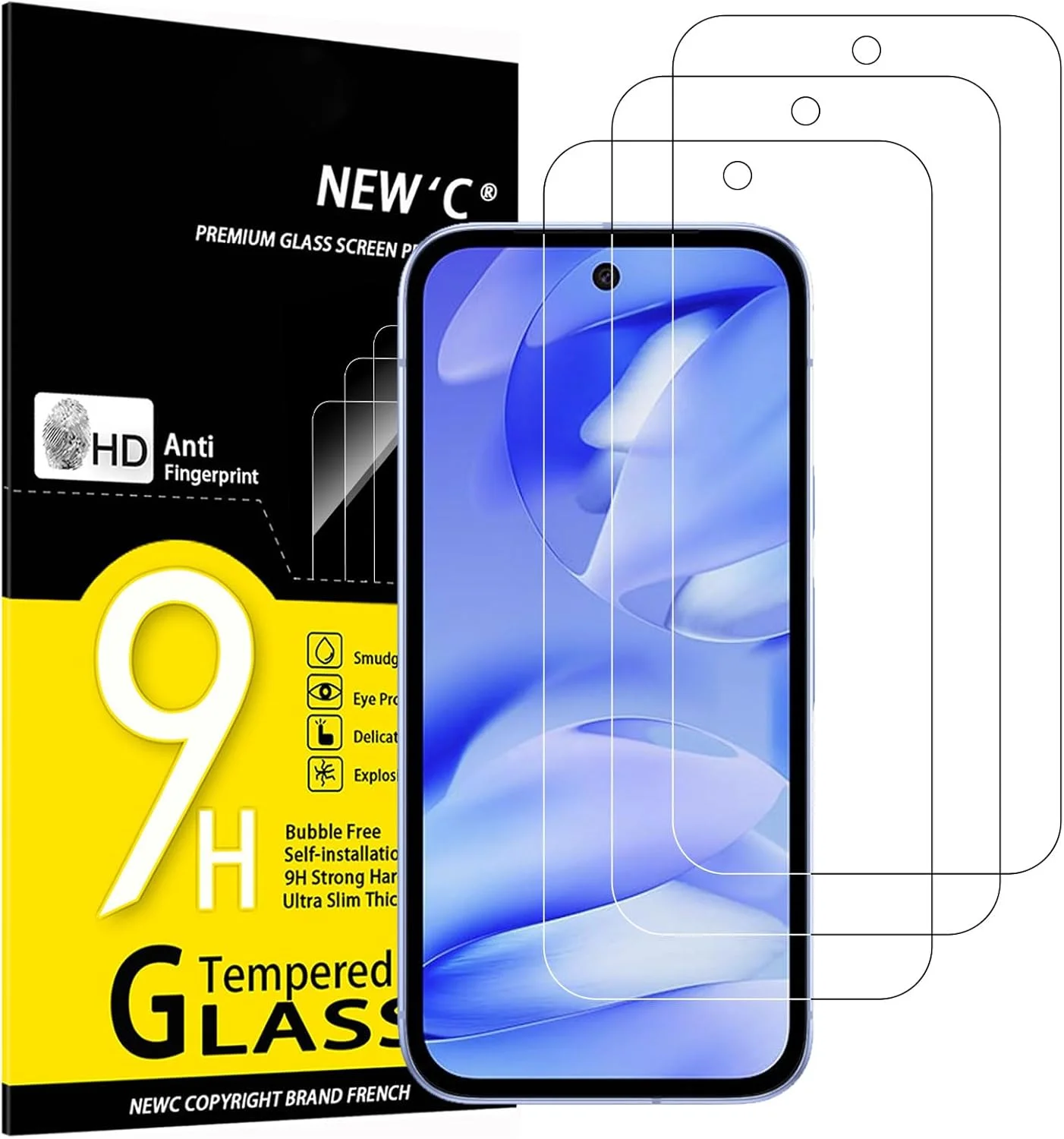 محافظ صفحه نمایش شیشه ای حرارت دیده NEW'C برای گوگل پیکسل 9a، ضد خش، سختی 9H، محافظ صفحه نمایش HD، 0.33 میلی متر فوق العاده شفاف، فوق العاده مقاوم، بسته 3 عددی