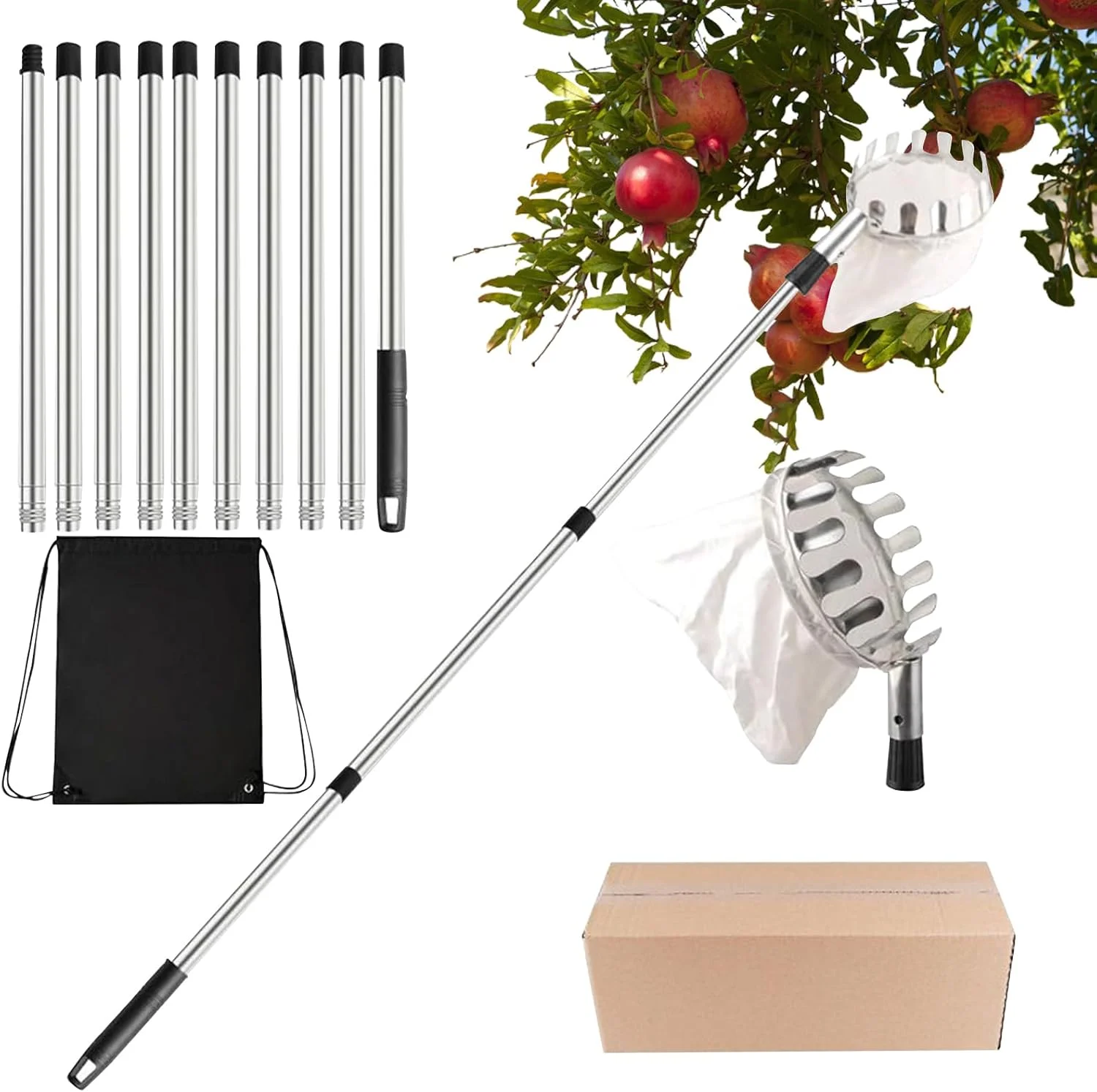 ابزار چیدن میوه از درخت، میوه چین با دسته تلسکوپی - تجهیزات سبک وزن با طراحی حرفه ای برای برداشت محصول در مزارع کشاورزی، باغ و منزل