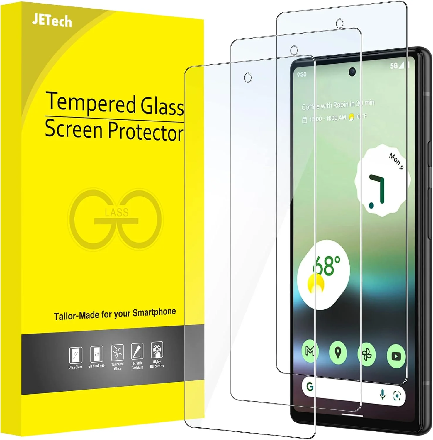 محافظ صفحه نمایش JETech برای گوگل پیکسل 6a 6.1 اینچی، سازگار با اثر انگشت، فیلم شیشه ای حرارت دیده، شفاف HD، بسته 3 عددی
