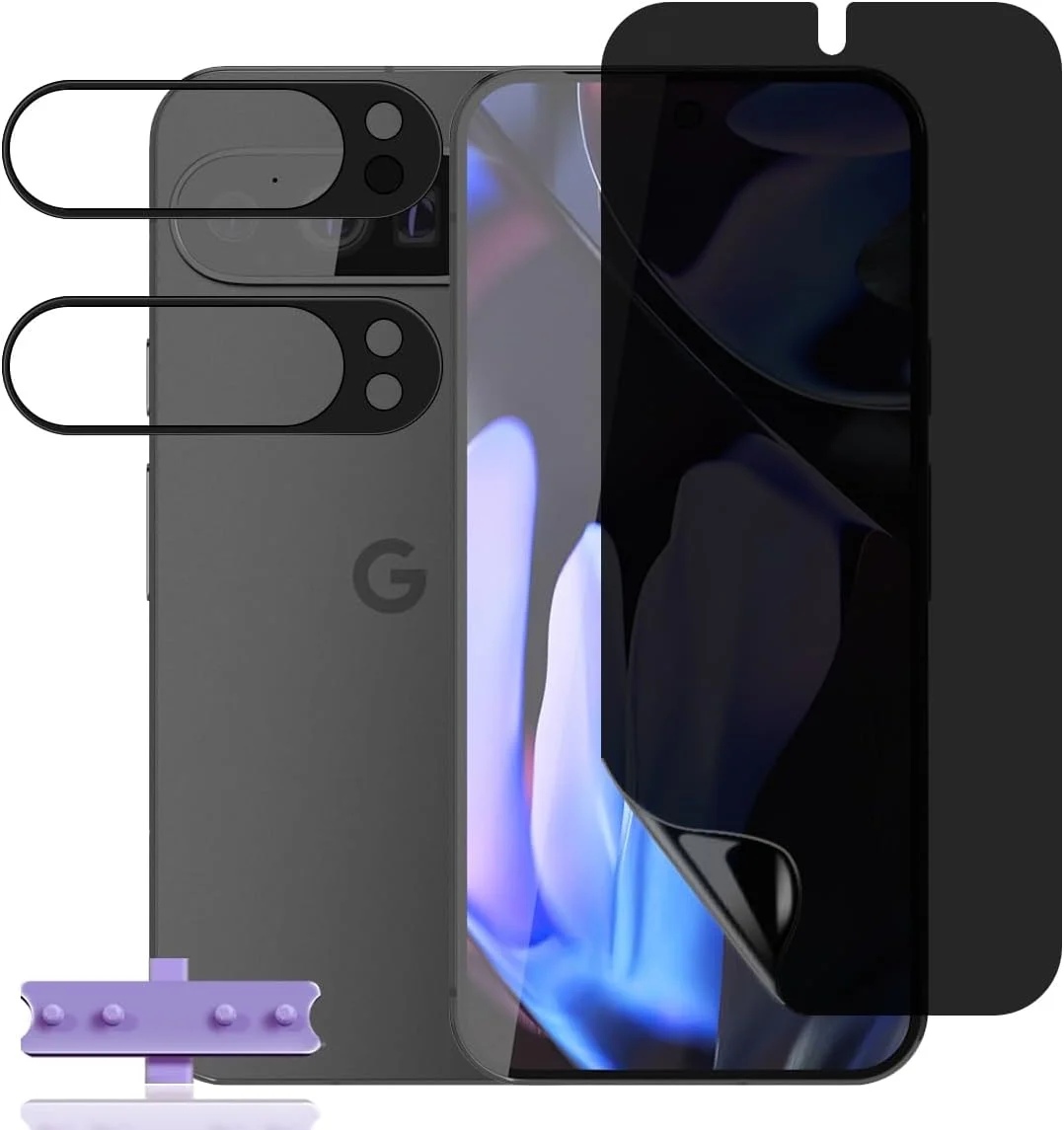 محافظ صفحه نمایش حریم خصوصی Rnnmeeko (یک عدد) + (دو عدد) برای Google Pixel 9 Pro XL، فیلم ضد جاسوسی TPU + فیلم محافظ لنز دوربین شیشه ای حرارت دیده Google Pixel 9 Pro XL، فیلم ضد جاسوسی