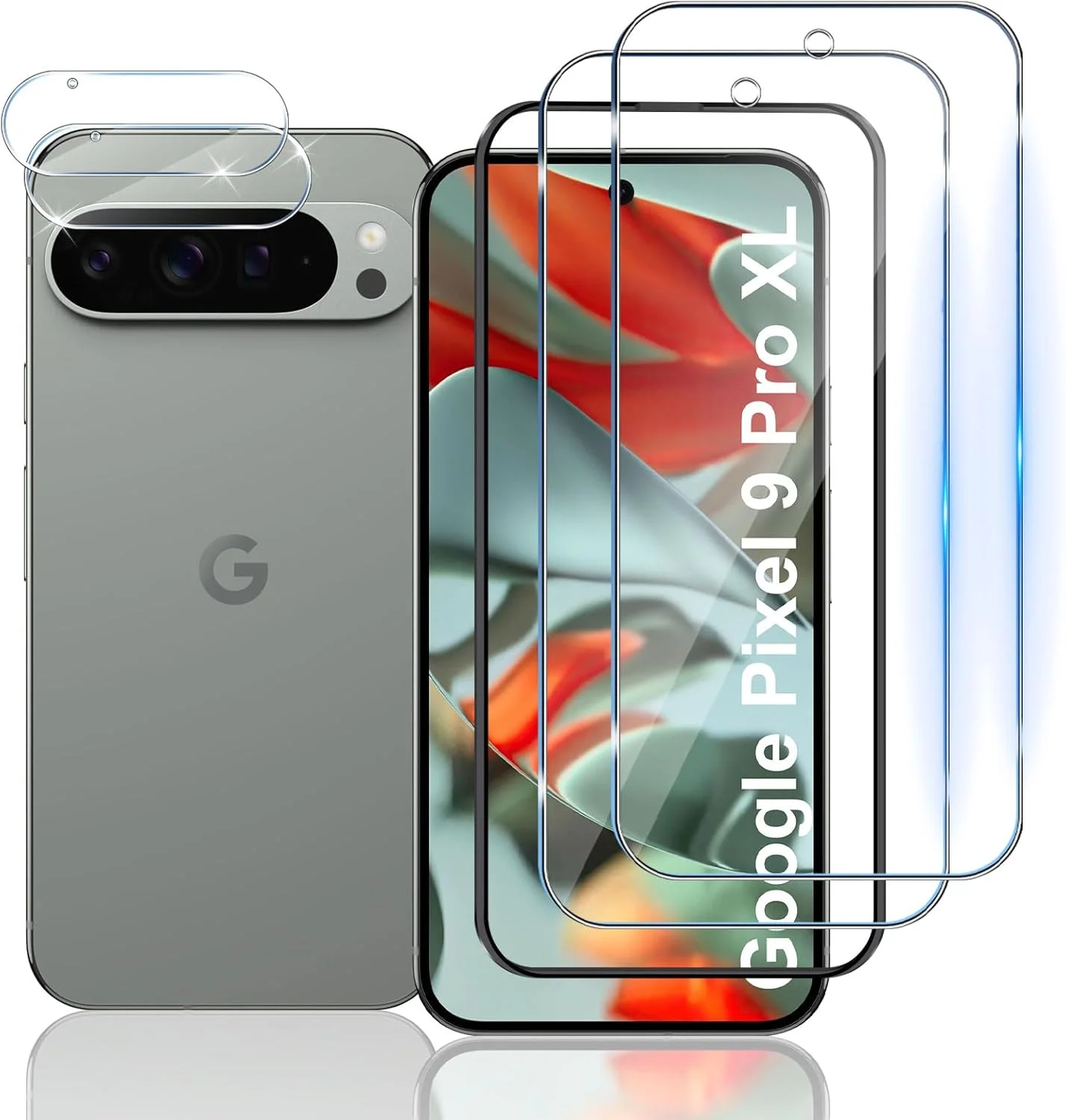 محافظ صفحه نمایش TUTUO بسته 2+2 سازگار با Google Pixel 9 Pro XL شامل فیلم شیشه ای حرارت دیده + فیلم محافظ دوربین، ضد خش، سختی 9H، فیلم شفاف HD، محافظ صفحه نمایش ضد سقوط
