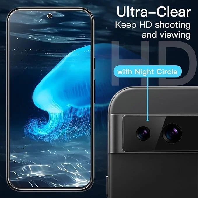 محافظ صفحه نمایش برای گوگل پیکسل 8a 6.1 اینچی به همراه محافظ لنز دوربین، ابزار نصب آسان، سازگار با اثر انگشت، فیلم شیشه ای حرارت دیده، شفافیت HD، بسته 2 عددی