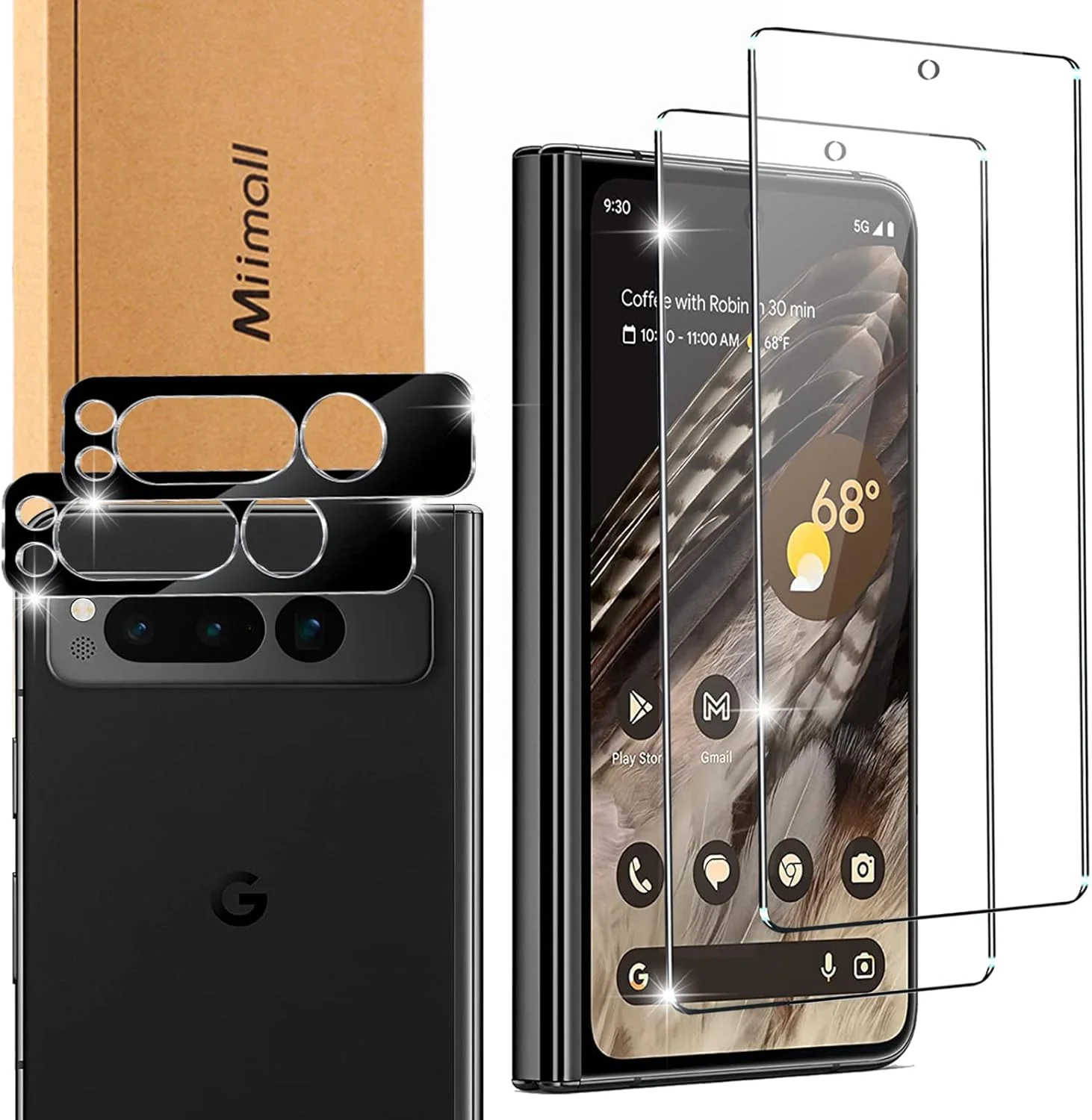 محافظ صفحه نمایش Miimall بسته 2+2 سازگار با محافظ صفحه نمایش Google Pixel Fold به همراه محافظ لنز دوربین، شیشه شفاف HD 9H محافظ صفحه نمایش بیرونی ضد خش و بدون حباب