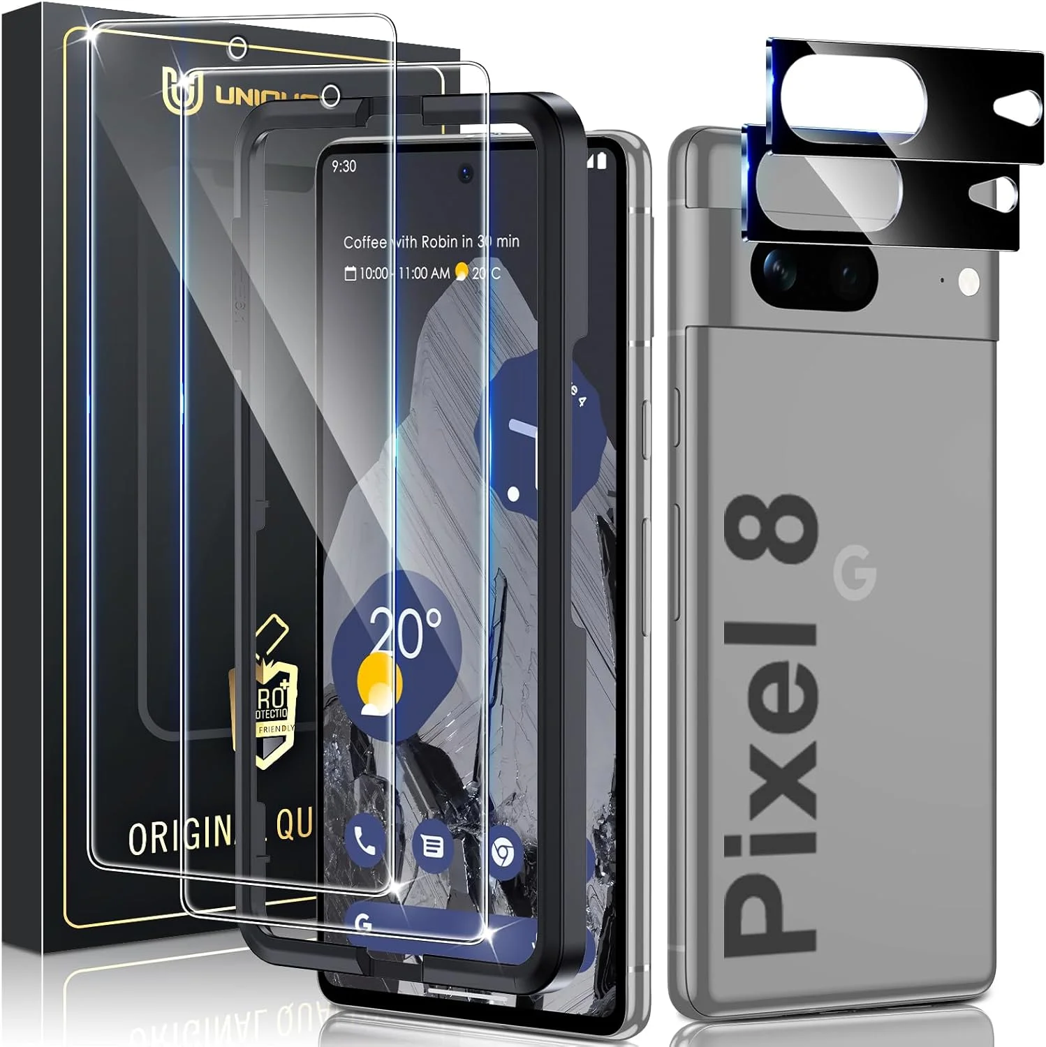 محافظ شیشه ای UniqueMe برای Google Pixel 8 [2 عدد استاندارد نظامی 9H و 2 عدد محافظ دوربین]، فیلم محافظ ضد خش با سختی 9H نصب آسان
