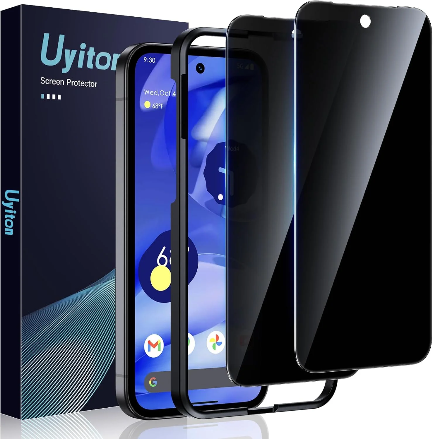 محافظ حریم خصوصی Uyiton برای گوگل پیکسل 9A - بسته 2 عددی محافظ صفحه نمایش شیشه ای سخت با سختی 9H به همراه قالب نصب، محافظت از حریم خصوصی 30 درجه، پوشش کامل، شیشه حرارت دیده ضد جاسوسی