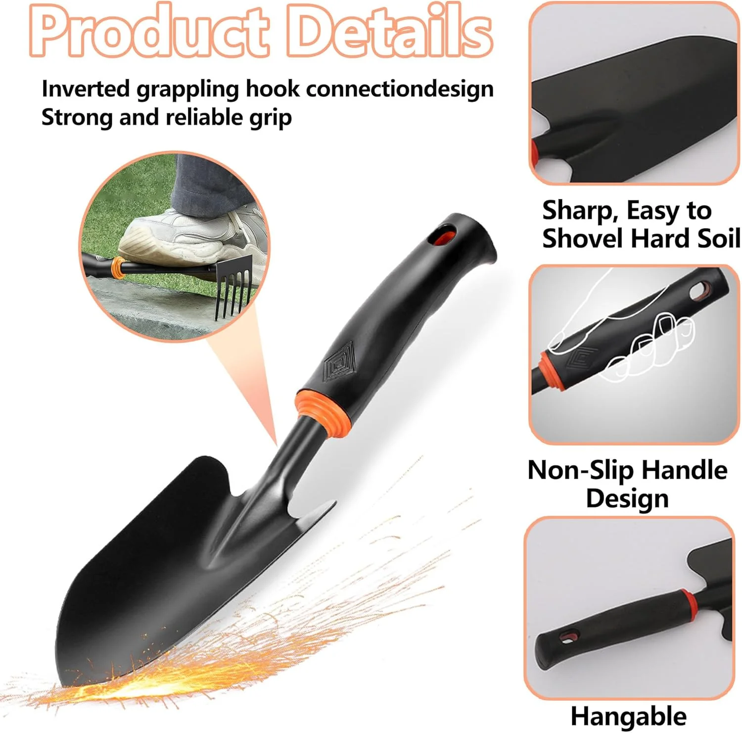 مجموعه ابزار باغبانی، 5 تکه ابزار دستی باغبانی فولادی کربنی شامل بیلچه ضد زنگ و مجموعه چنگال، چنگال وجین، چنگک دستی، مجموعه بیلچه پیوند زن برای زنان باغبان برای حفاری، کاشت و وجین