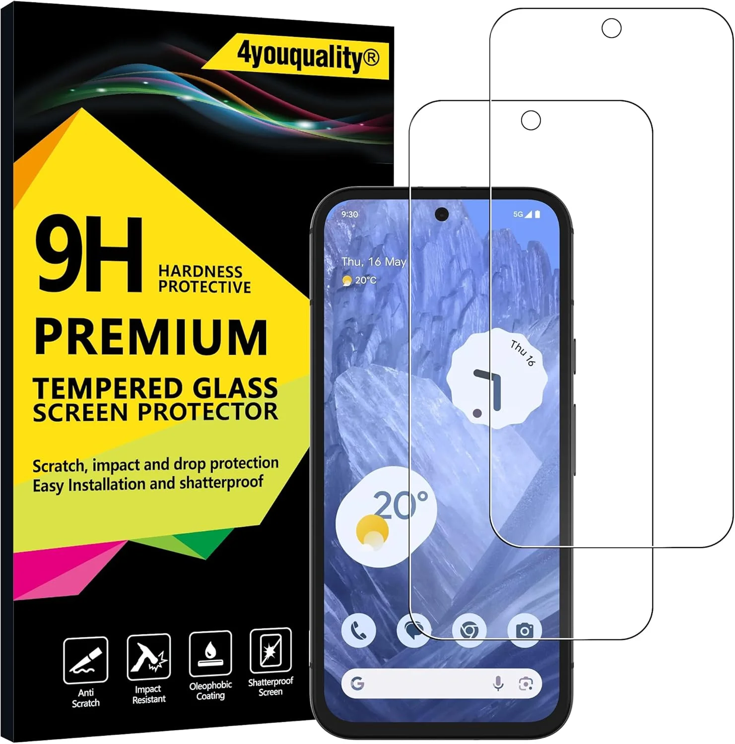 محافظ صفحه نمایش 4youquality برای گوگل پیکسل 8A (6.1 اینچ)، فیلم شیشه ای حرارت دیده، 2 عدد، [مقاوم در برابر ضربه] [ضد خش]