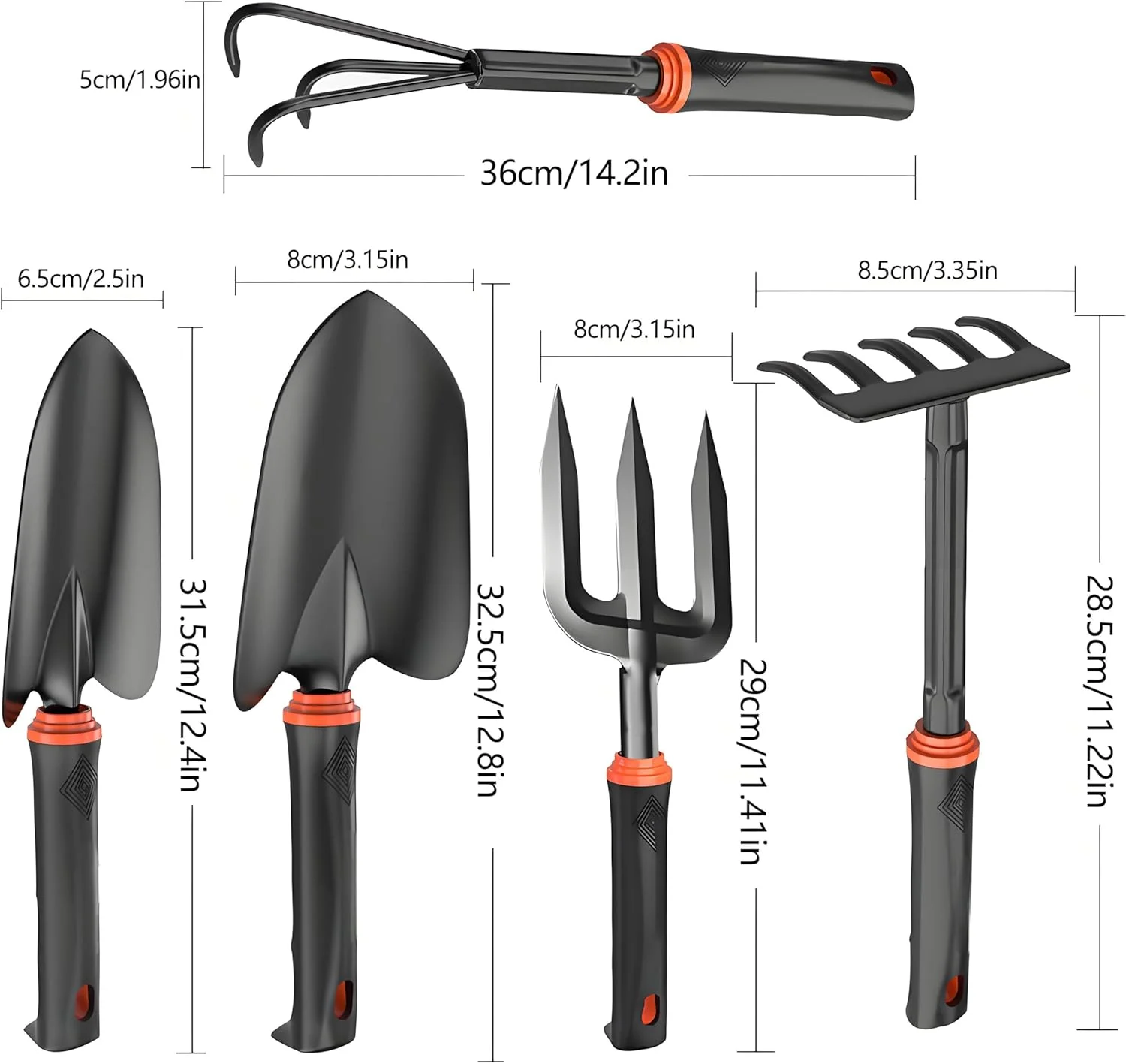 مجموعه ابزار باغبانی، 5 تکه ابزار دستی باغبانی فولادی کربنی شامل بیلچه ضد زنگ و مجموعه چنگال، چنگال وجین، چنگک دستی، مجموعه بیلچه پیوند زن برای زنان باغبان برای حفاری، کاشت و وجین