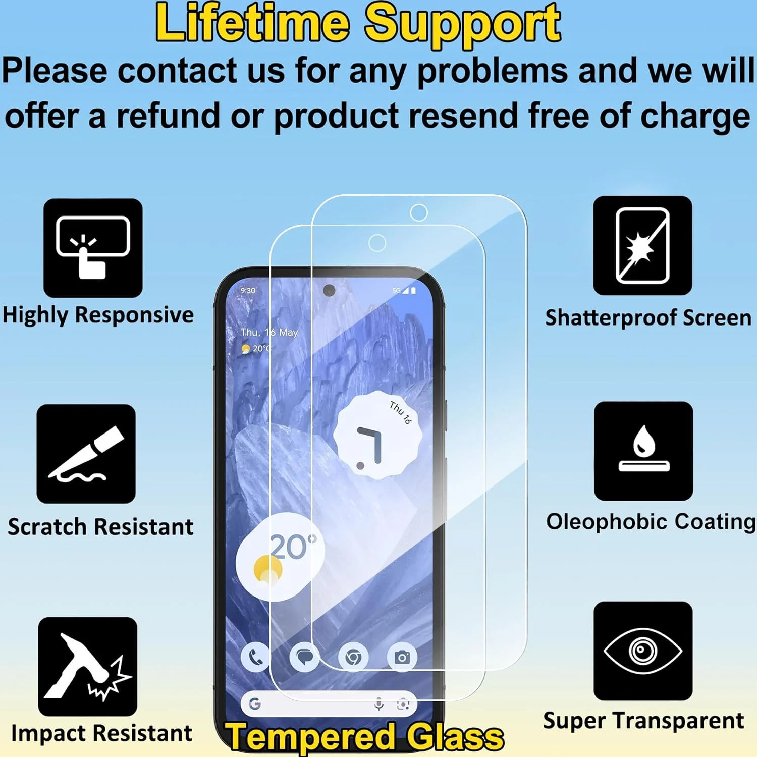 محافظ صفحه نمایش 4youquality برای گوگل پیکسل 8A (6.1 اینچ)، فیلم شیشه ای حرارت دیده، 2 عدد، [مقاوم در برابر ضربه] [ضد خش]