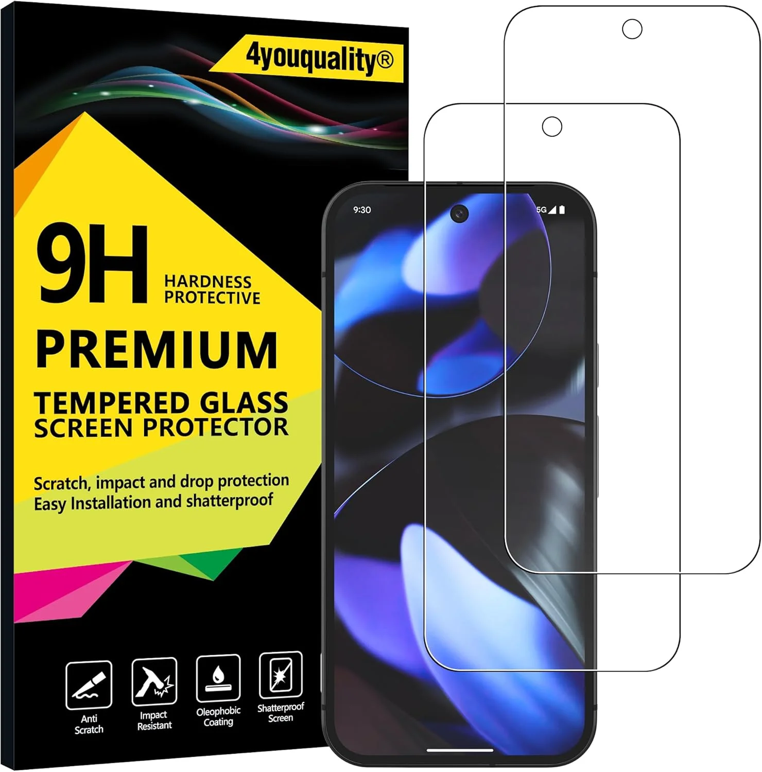 محافظ صفحه نمایش 4youquality برای گوگل پیکسل 9 و 9 پرو (6.3 اینچ)، فیلم شیشه ای حرارت دیده، 2 عدد، [مقاوم در برابر ضربه] [ضد خش]