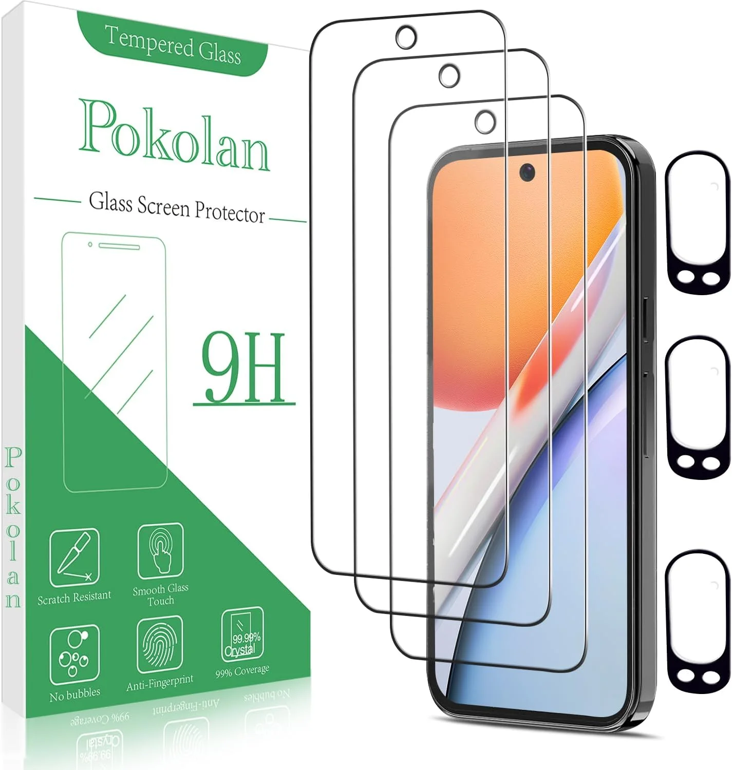 محافظ صفحه نمایش شیشه ای حرارت دیده پوکولان 3+3 عددی برای گوگل پیکسل 9 پرو، به همراه محافظ لنز دوربین، سختی 9H، بدون حباب، ضد خش، فوق العاده مقاوم