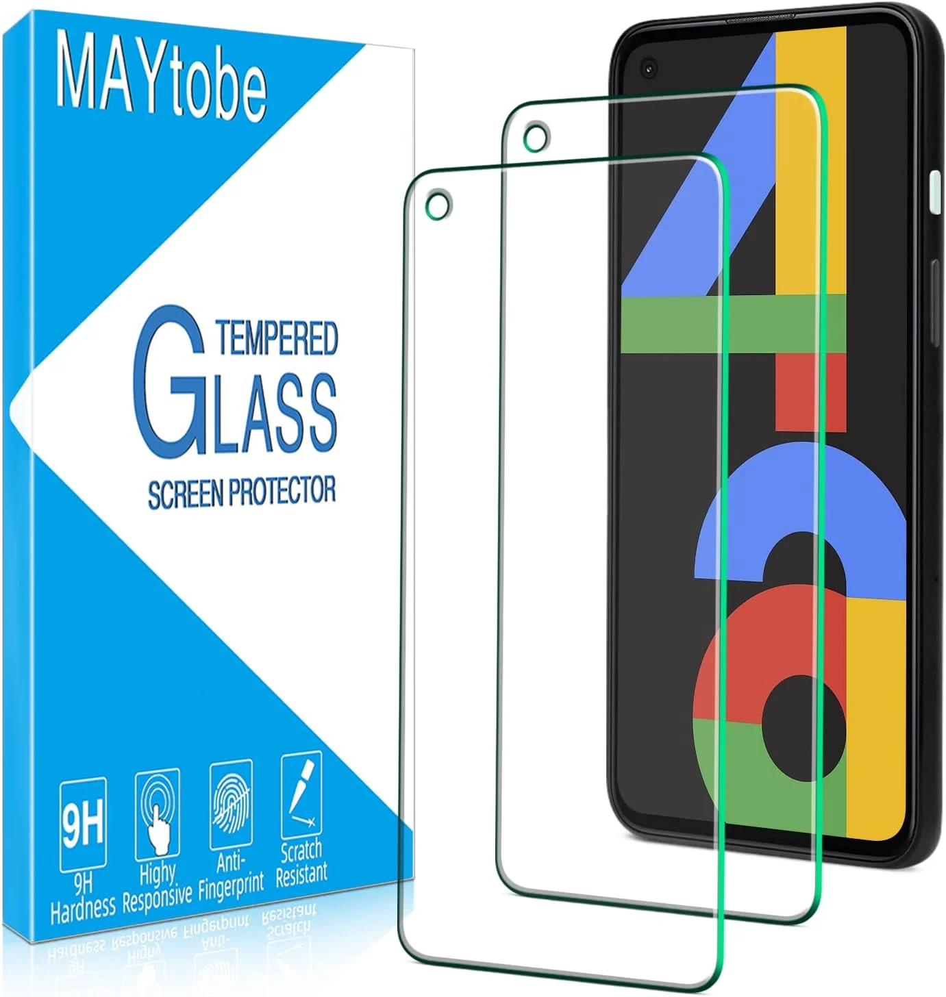 محافظ صفحه نمایش MAYtobe بسته 2 عددی برای گوگل پیکسل 4a 4G 5.8 اینچی، شیشه حرارت دیده، سازگار با قاب، سختی 9H، بدون حباب، ضد خش، شفاف HD، فوق العاده مقاوم