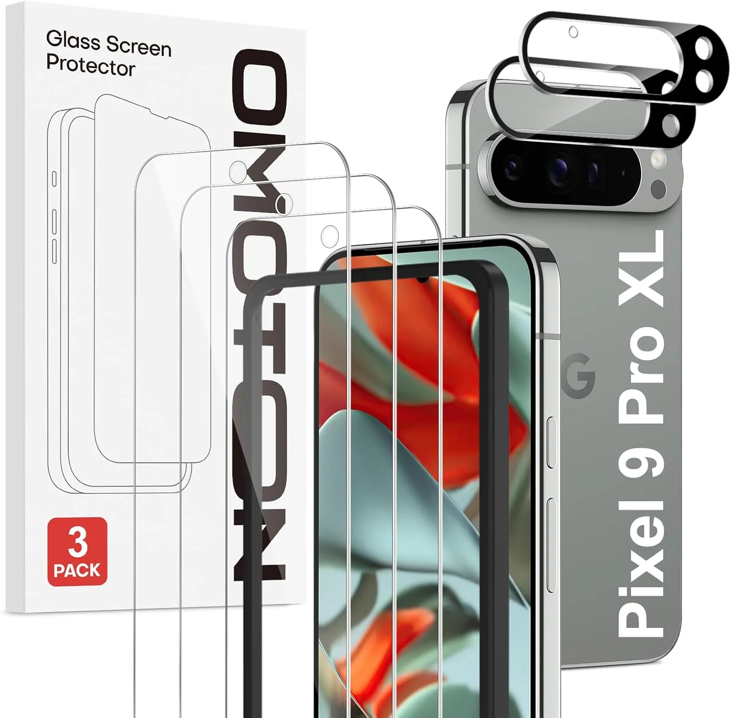 محافظ صفحه نمایش شیشه ای OMOTON برای Google Pixel 9 Pro XL با قاب نصب، سازگار با محافظ لنز دوربین Pixel 9 Pro XL، پشتیبانی از حسگر اثر انگشت و حسگر دما