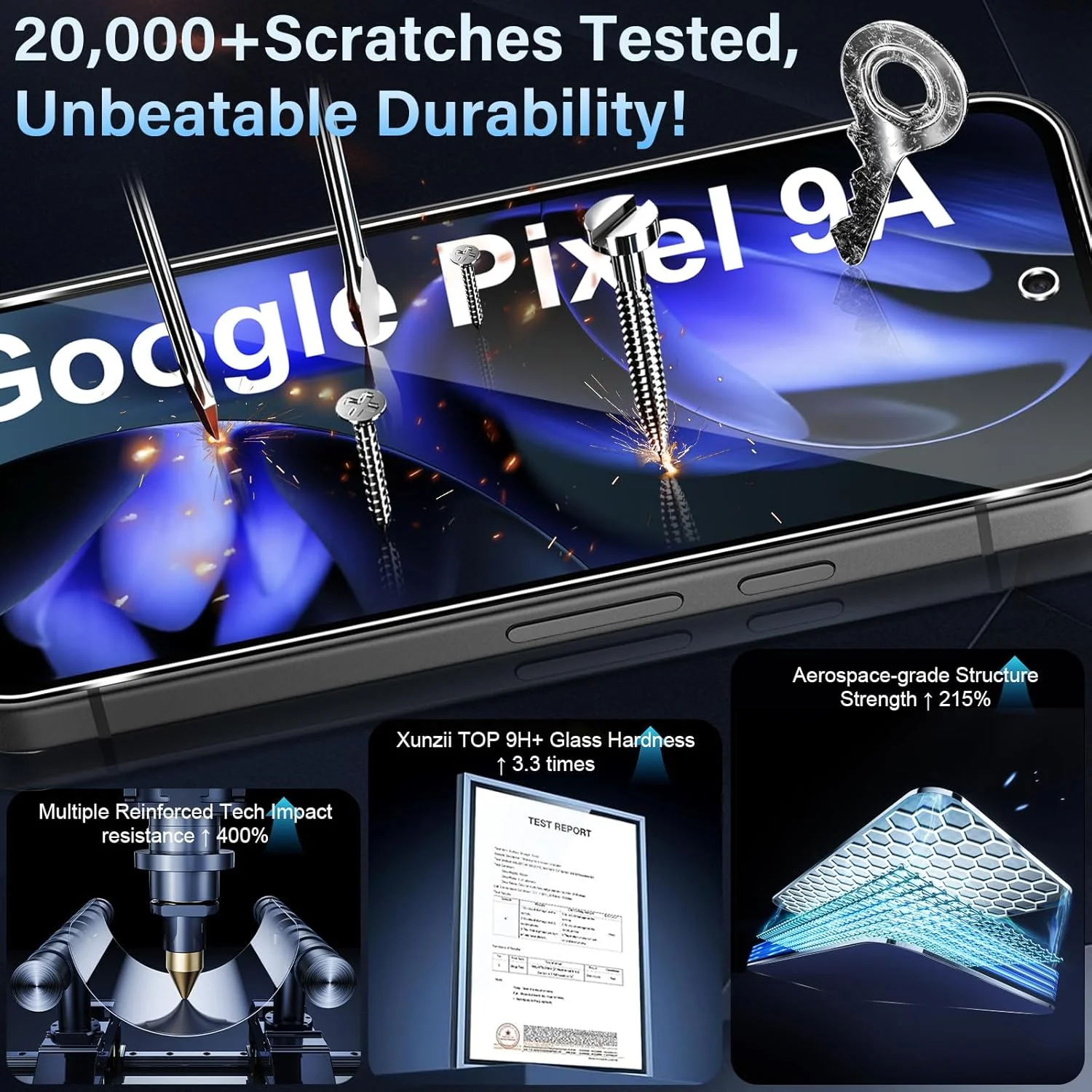 محافظ صفحه نمایش شیشه ای تمپر شده Xunzii برای Google Pixel 9A 5G، با محافظ لنز دوربین HD، فیلم محافظ صفحه نمایش شیشه ای [ضد خش با سختی 9H] [3+3 عدد]