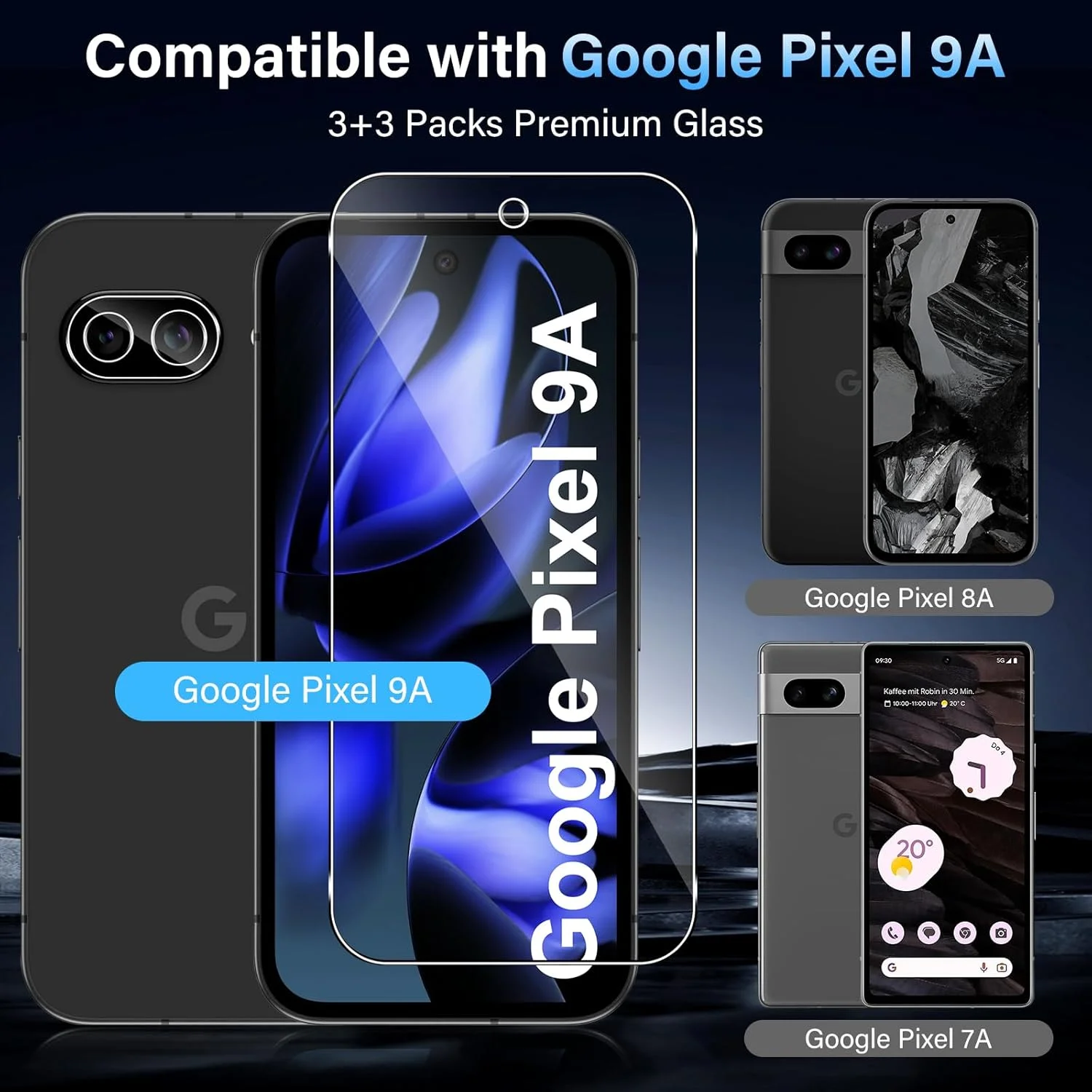 محافظ صفحه نمایش شیشه ای تمپر شده Xunzii برای Google Pixel 9A 5G، با محافظ لنز دوربین HD، فیلم محافظ صفحه نمایش شیشه ای [ضد خش با سختی 9H] [3+3 عدد]