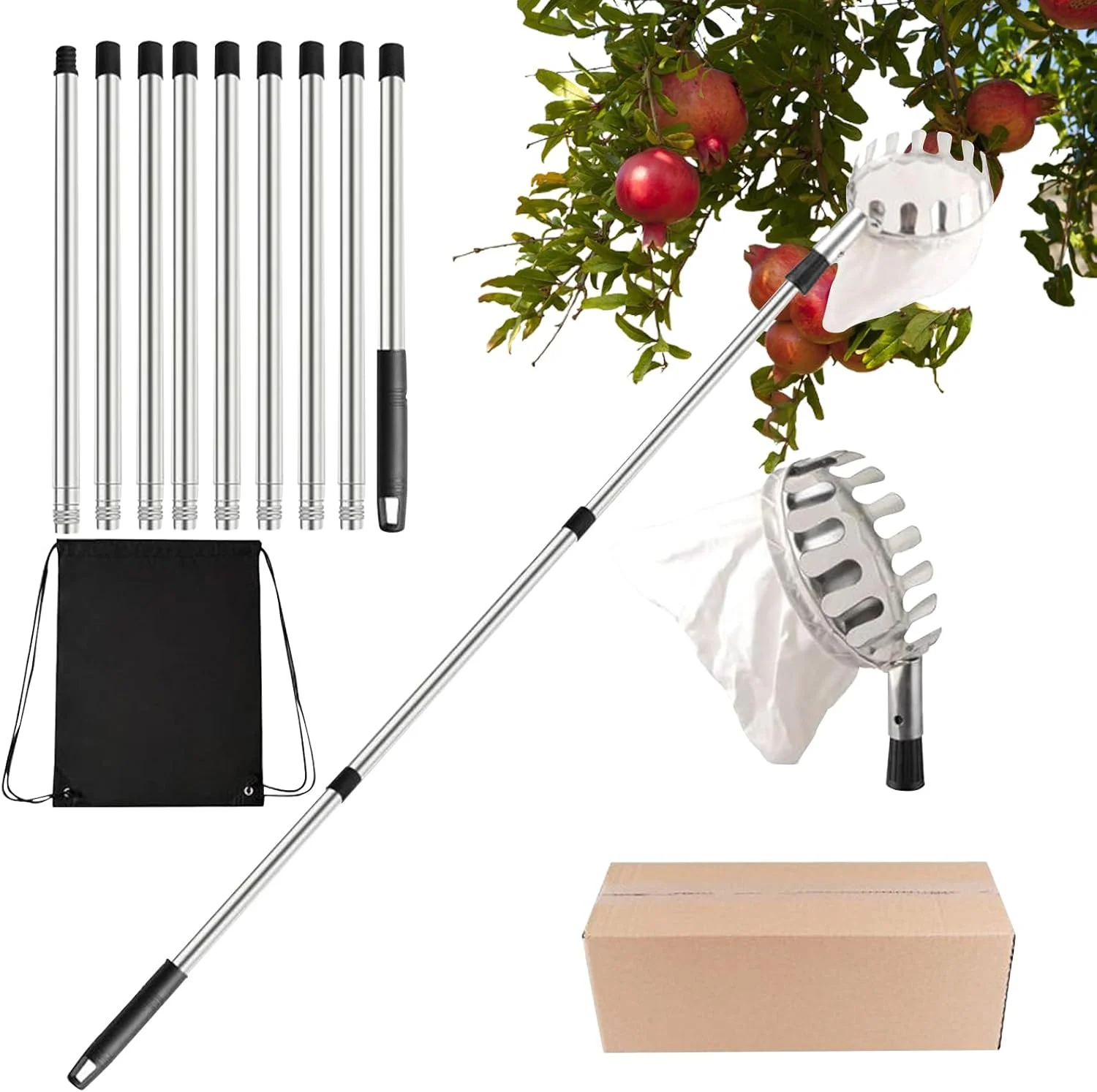 میله میوه چین با سبد - ابزار میوه چین قابل تنظیم - ابزار ارگونومیک تجهیزات چیدن حرفه ای برای برداشت محصول در باغ کشاورزی فضای باز