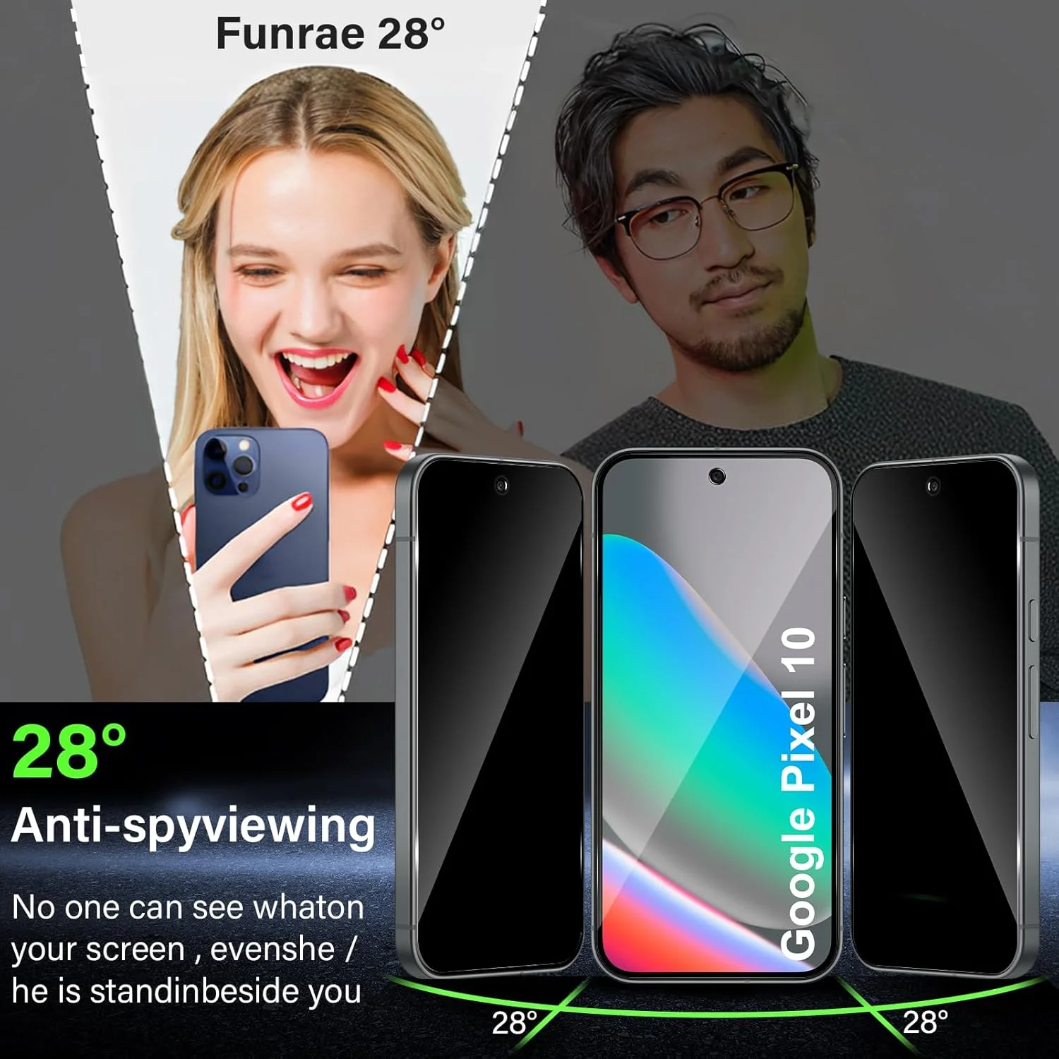 محافظ صفحه نمایش حریم خصوصی تمام صفحه Funrae برای Google Pixel 10/10 Pro/Pixel 9/Pixel 9 Pro از جنس شیشه حرارت دیده، فیلم ضد جاسوسی با سختی 9H، شیشه محافظ حریم خصوصی، محافظ صفحه نمایش حریم خصوصی ضد جاسوسی