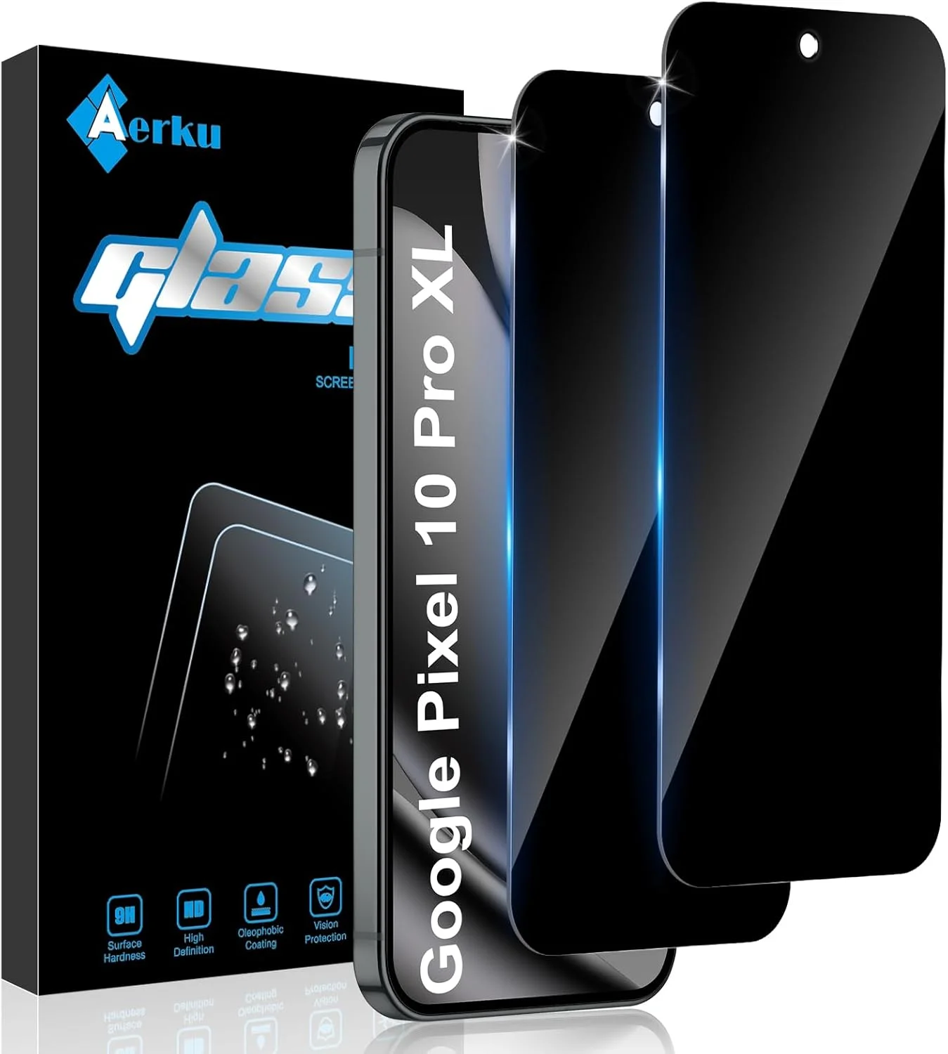 محافظ صفحه نمایش حریم خصوصی Aerku بسته 2 عددی، محافظ تمام صفحه برای گوگل پیکسل 10 پرو XL از جنس شیشه حرارت دیده، شیشه محافظ حریم خصوصی، سختی 9H، ضد اثر انگشت، لبه مشکی، فیلم شیشه ای حرارت دیده ضد جاسوسی
