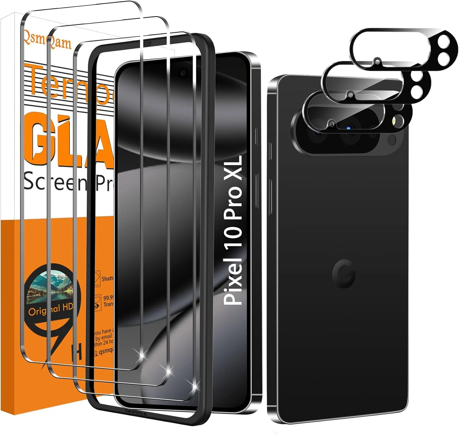 بسته 3 عددی محافظ صفحه نمایش شیشه ای حرارت دیده QsmQam برای Google Pixel 10 Pro XL و 3 عدد محافظ دوربین، محافظ صفحه نمایش با سختی 9H، فیلم محافظ صفحه نمایش HD، ضد خش، بدون حباب