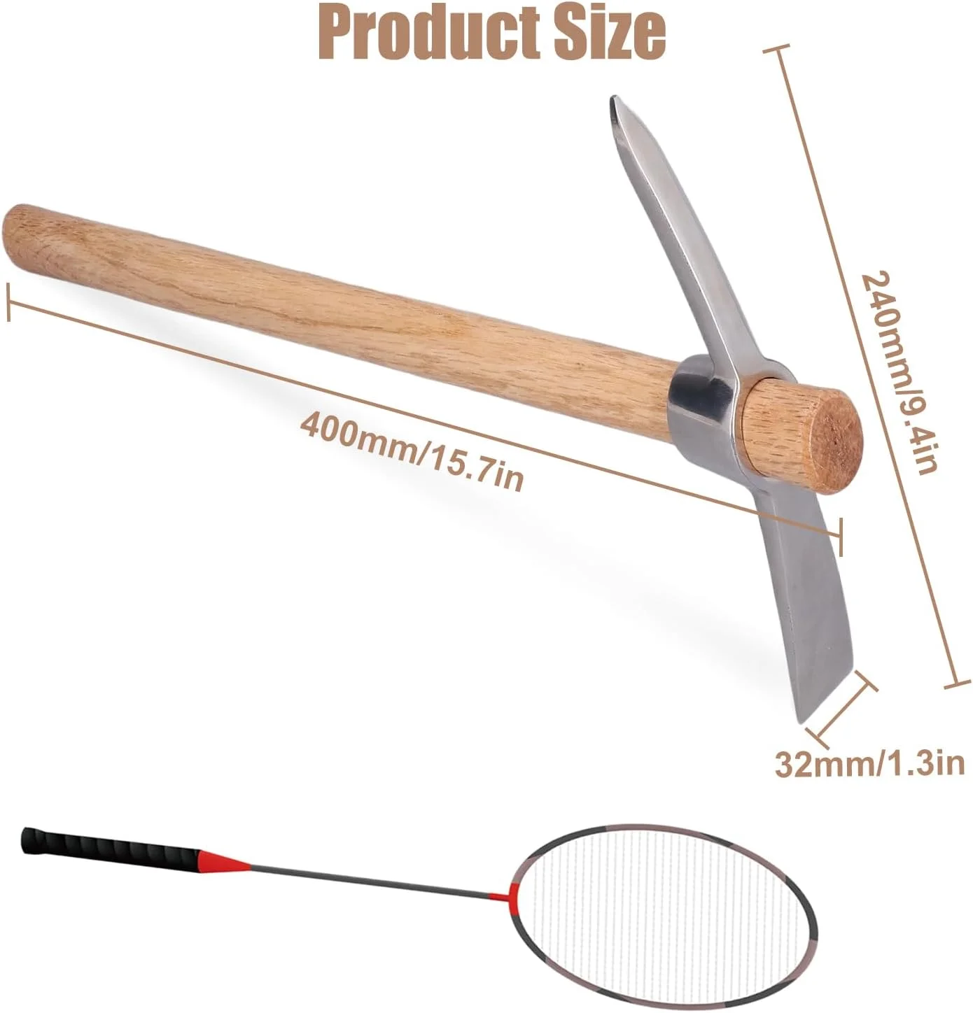 تیستینگ بیلچه دستی 40 سانتی متری، بیل باغبانی فولاد ضد زنگ بادوام و قوی با دسته چوبی