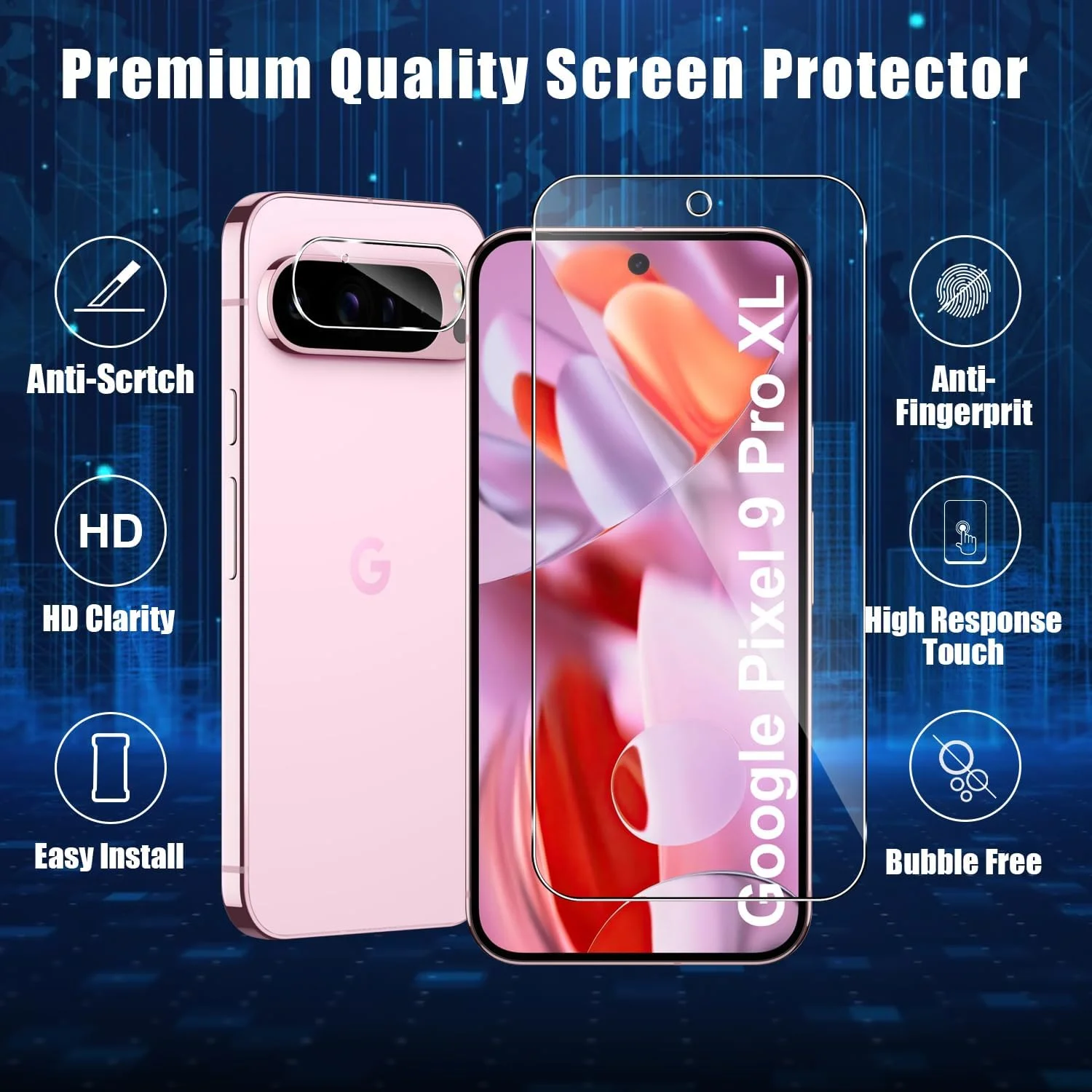 Holilo [2+2 Pieces Tempered Glass Film for Google Pixel 9 Pro XL Screen Protector and Camera Film, 9H Hardness Film HD Screen Protector Anti-Scratch Anti-fingerprint Holilo [2+2 Pieces Tempered Glass Film for Google Pixel 9 Pro XL Screen Protector and Camera Film, 9H Hardness Film HD Screen Protector Anti-Scratch Anti-fingerprint
