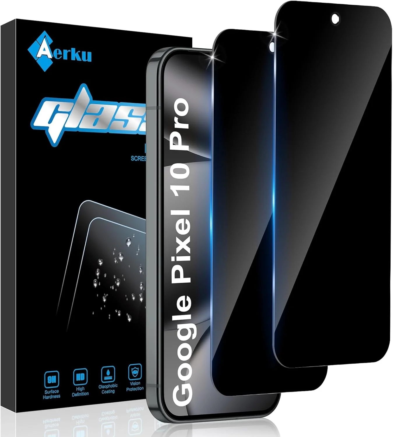 Aerku Pack of 2 Privacy Screen Full Screen Protector for Google Pixel 10 Pro for Tempered Glass, Privacy Protective Glass, 9H Hardness, Anti Fingerprints, Black Edge, Anti-Spy Tempered Glass Film