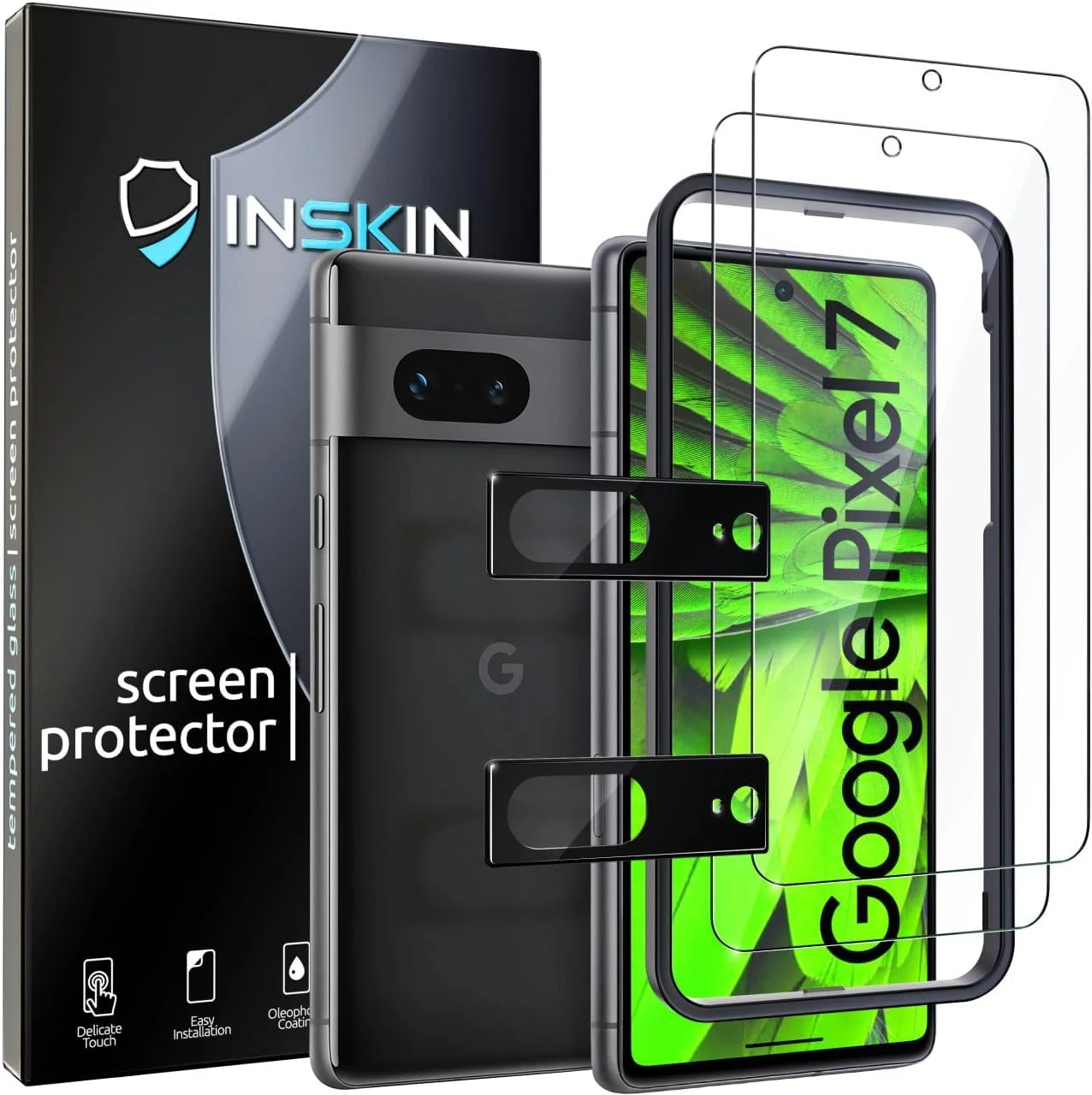 محافظ صفحه نمایش شیشه ای حرارت دیده Inskin برای گوگل پیکسل 7 با اندازه 6.3 اینچ - مجموعه نهایی 2+2 به همراه محافظ لنز دوربین و سینی تراز خودکار - Ultra HD، سازگار با اثر انگشت، سازگار با قاب