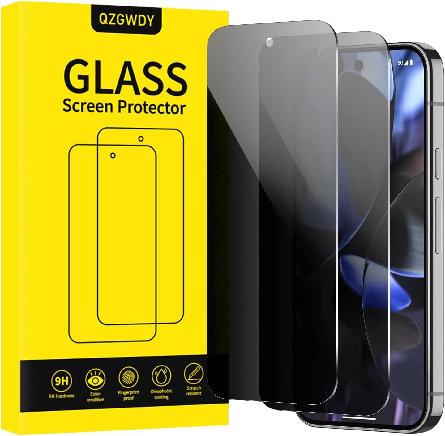 محافظ صفحه نمایش شیشه ای حریم خصوصی QZGWDY برای گوگل پیکسل 9 پرو، بسته 2 عددی فیلم محافظ صفحه بدون حباب، سختی 9H، نصب آسان