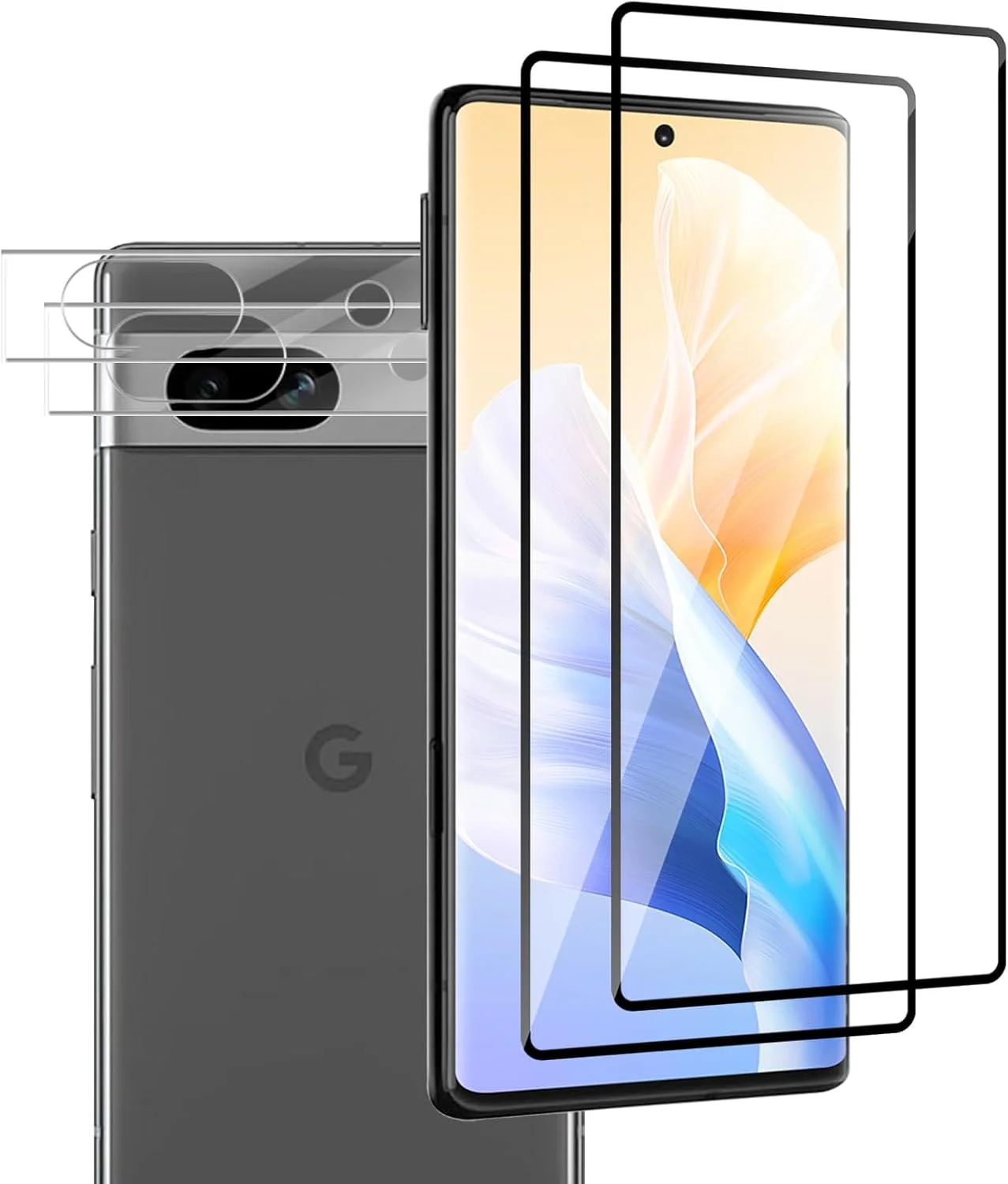 محافظ صفحه نمایش شیشه ای حرارت دیده VideoSecu، 2 + 2 عدد، برای دوربین Google Pixel 7A، محافظ صفحه نمایش شیشه ای حرارت دیده با وضوح HD و سختی 9H، بدون حباب - دقت لمسی 100٪، مقاوم در برابر خراش، پوشش کامل