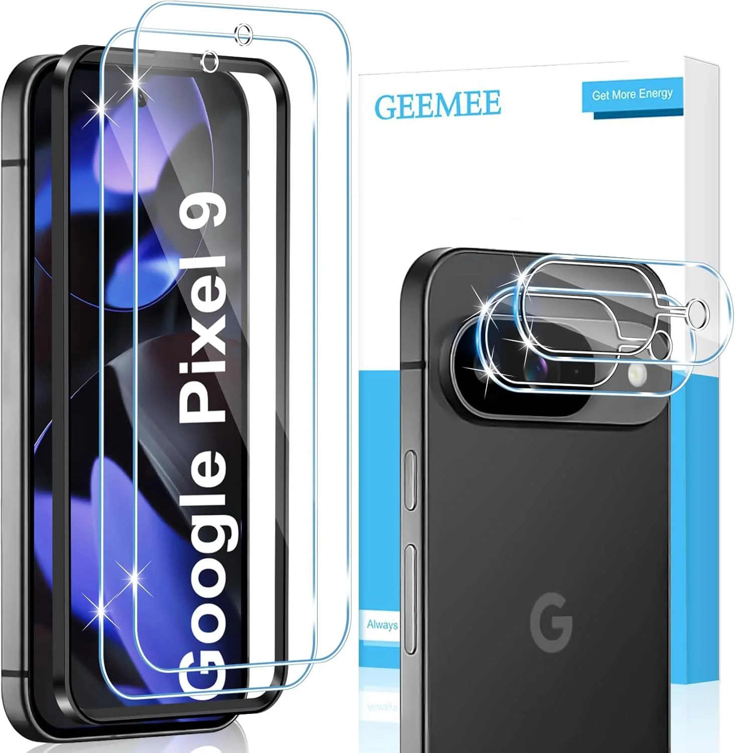 محافظ صفحه نمایش شیشه ای تمپرد GEEMEE برای گوگل پیکسل 9، 2 عدد + 2 عدد محافظ صفحه نمایش + محافظ لنز دوربین فیلم سخت 9H، شیشه محافظ تمپرد با حساسیت بالا