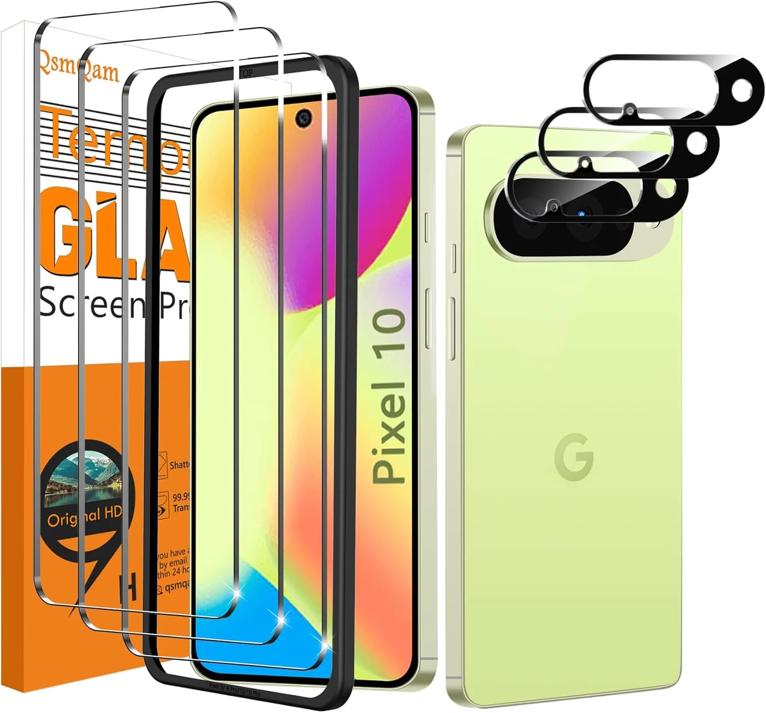 بسته 3 عددی محافظ صفحه نمایش شیشه ای حرارت دیده QsmQam برای Google Pixel 10 به همراه 3 محافظ دوربین، محافظ صفحه نمایش با سختی 9H، فیلم محافظ صفحه نمایش HD، ضد خش و بدون حباب