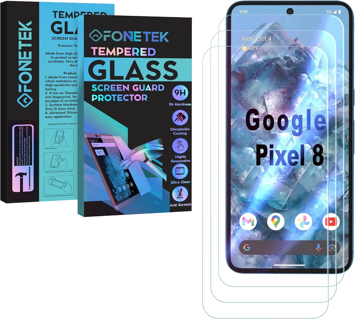 Fonetek, for Google Pixel 8, Pack of 3, TEMPERED GLASS Screen Protector LCD Guard Case Cover - Clear
