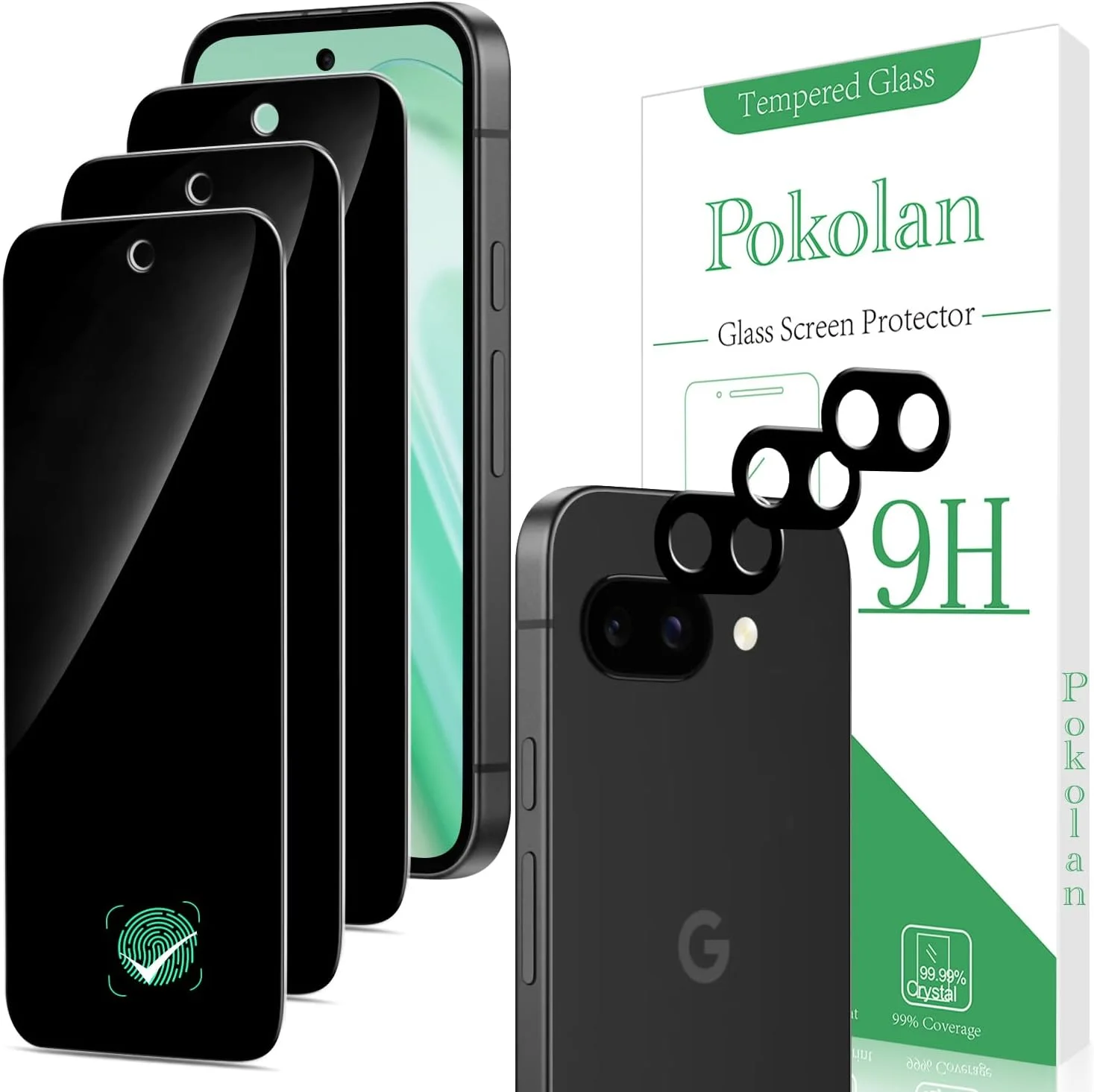 محافظ صفحه نمایش حریم خصوصی پوکولان بسته 3+3 برای گوگل پیکسل 9A به همراه محافظ لنز دوربین، شیشه حرارت دیده ضد جاسوسی، سختی 9H، ضد خش، بدون حباب، نصب آسان