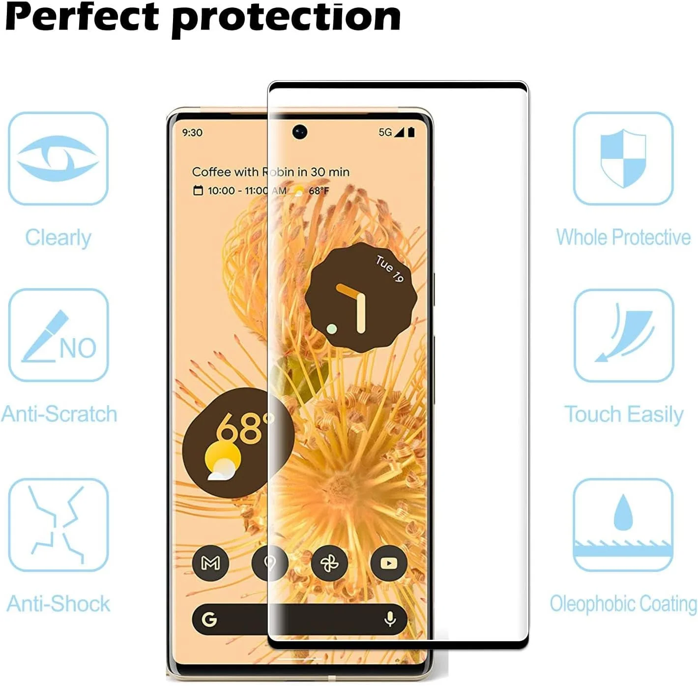 محافظ صفحه نمایش سازگار با Google Pixel 6 Pro 5G، سازگار با حسگر اثر انگشت، + فیلم محافظ لنز، [بسته 2+2] فیلم شیشه ای حرارت دیده سه بعدی تمام صفحه، سختی 9H، محافظ صفحه نمایش برای گوگل