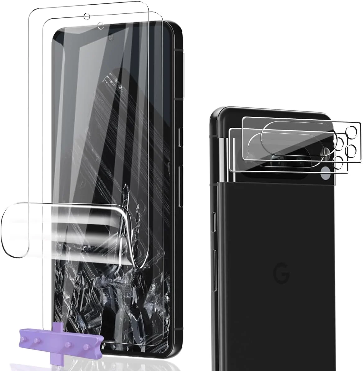 محافظ صفحه نمایش TPU فیلم Phlleyaa برای Google Pixel 8 Pro، 2 عدد و محافظ شیشه ای دوربین، 2 عدد، نصب آسان، بدون حباب و ضد خش، شیشه حرارت دیده برای Google Pixel 8 Pro
