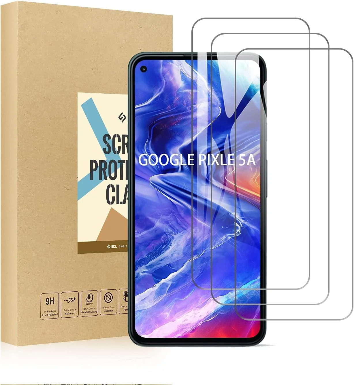 محافظ صفحه نمایش SCL سازگار با محافظ صفحه نمایش Google Pixel 5A، فیلم شیشه ای حرارت دیده Google 5A [بسته 3 عددی]، لبه گرد 2.5 بعدی، ضد خش، اثر انگشت کمتر، سازگار با قاب، سختی 9H