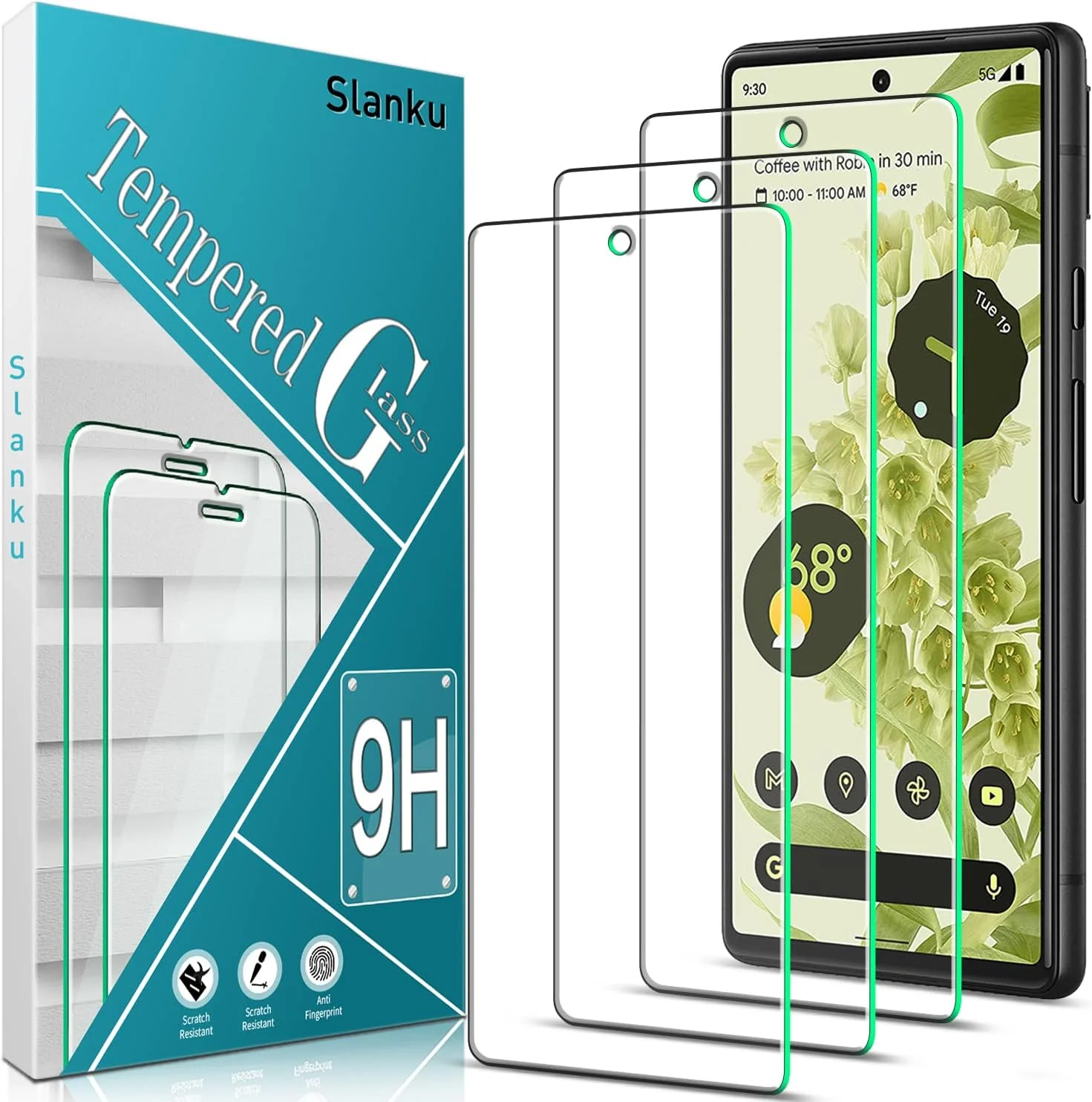 محافظ صفحه نمایش شیشه ای تمپرد اسلنکو [بسته 3 عددی] برای گوگل پیکسل 6a، شناسایی اثر انگشت، سختی 9H، بدون حباب، ضد خش، نصب آسان