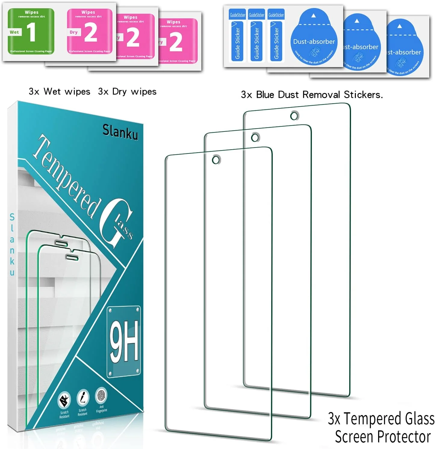 محافظ صفحه نمایش شیشه ای تمپرد اسلنکو [بسته 3 عددی] برای گوگل پیکسل 6a، شناسایی اثر انگشت، سختی 9H، بدون حباب، ضد خش، نصب آسان