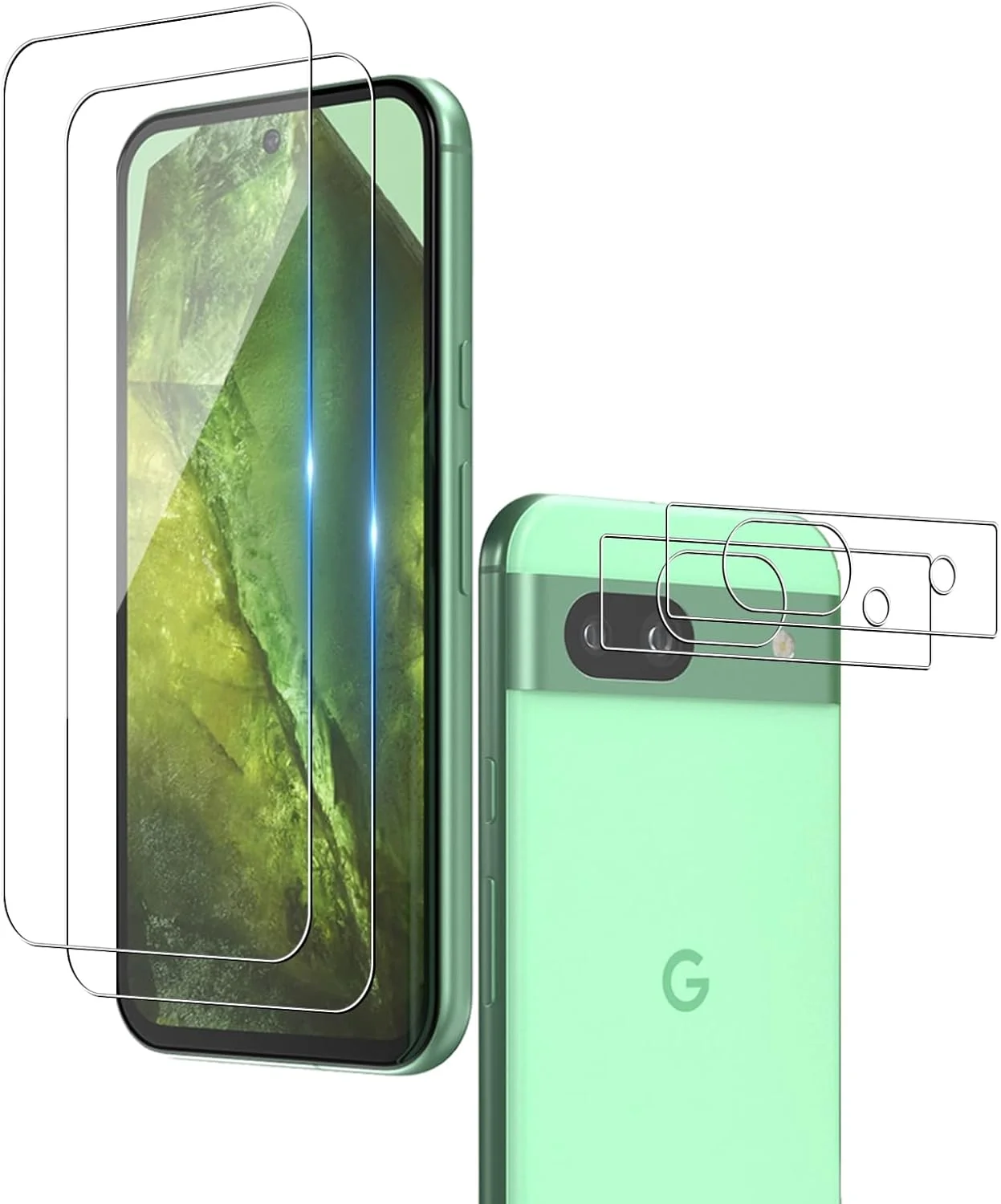 محافظ صفحه نمایش Wookfiss برای گوگل پیکسل 8A، بسته 2 عددی محافظ صفحه شیشه ای حرارت دیده + 2 عدد محافظ لنز دوربین، سختی 9H، ضد خش، ضد حباب، شفافیت HD
