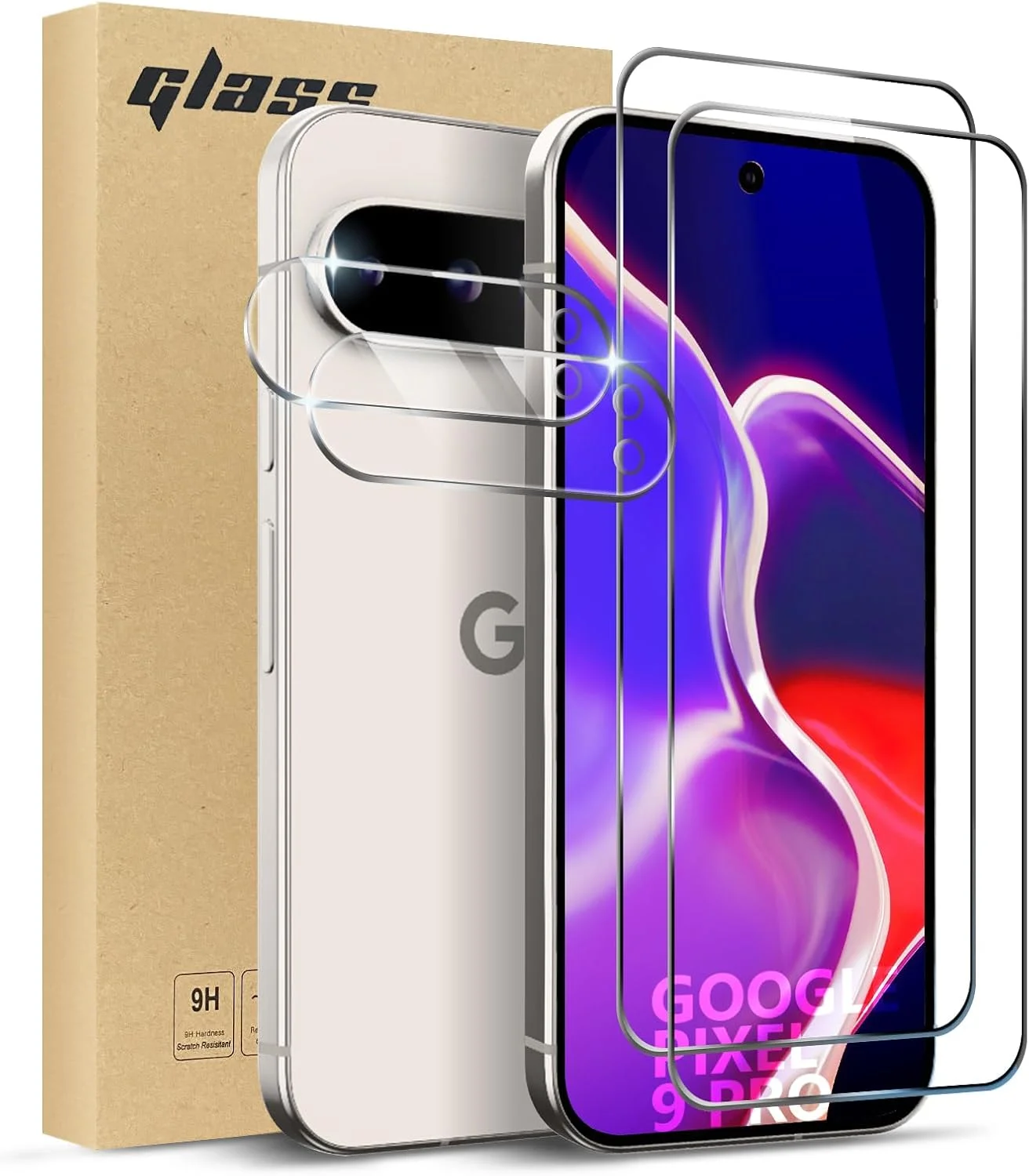 محافظ صفحه نمایش TailTech برای Google Pixel 9 Pro، بسته 2 عددی فیلم شیشه ای حرارت دیده + 2 محافظ لنز دوربین برای Google 9 Pro، محافظت کامل لبه به لبه